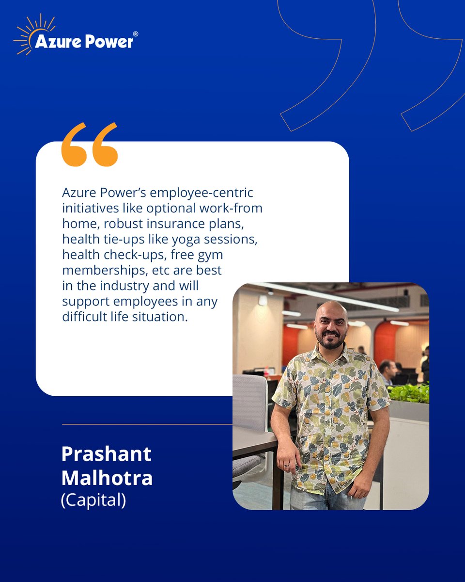 Azure Power cares deeply about the well-being of our people, at the workplace and beyond. Free gym access and health check-ups? We invest in our employees' well-being, inside and out. Prashant's testimonial is just one example of how we support a healthy and balanced lifestyle.