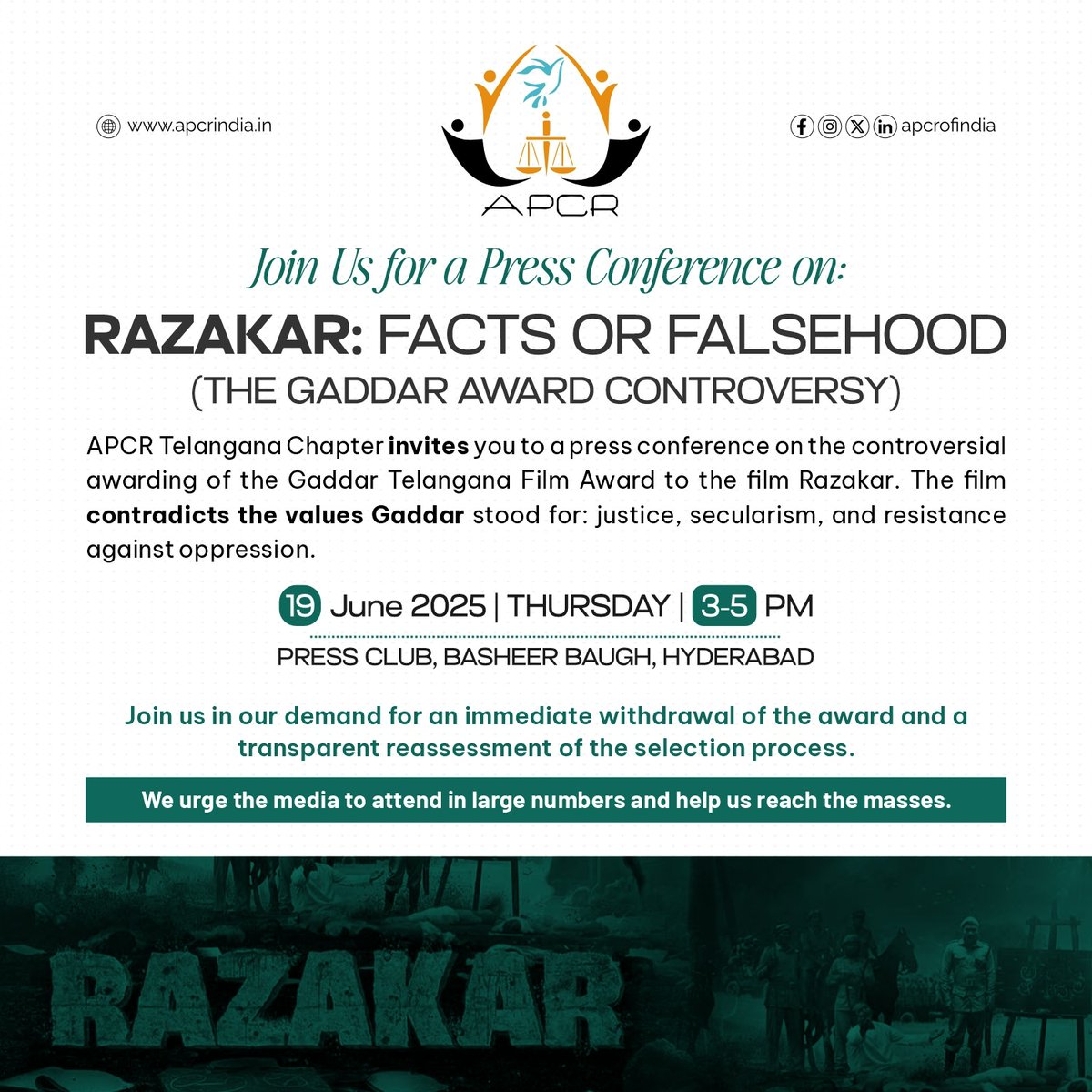 Revoke award to #razakar
Its very unfortunate that a Sanghi propaganda movie has been awarded 3 awards  by the Government of Telangana (Gaddar Telangana Film Awards). Such actions by the Congress govt leave Muslims with no hope for the promised social justice #RevanthReddy