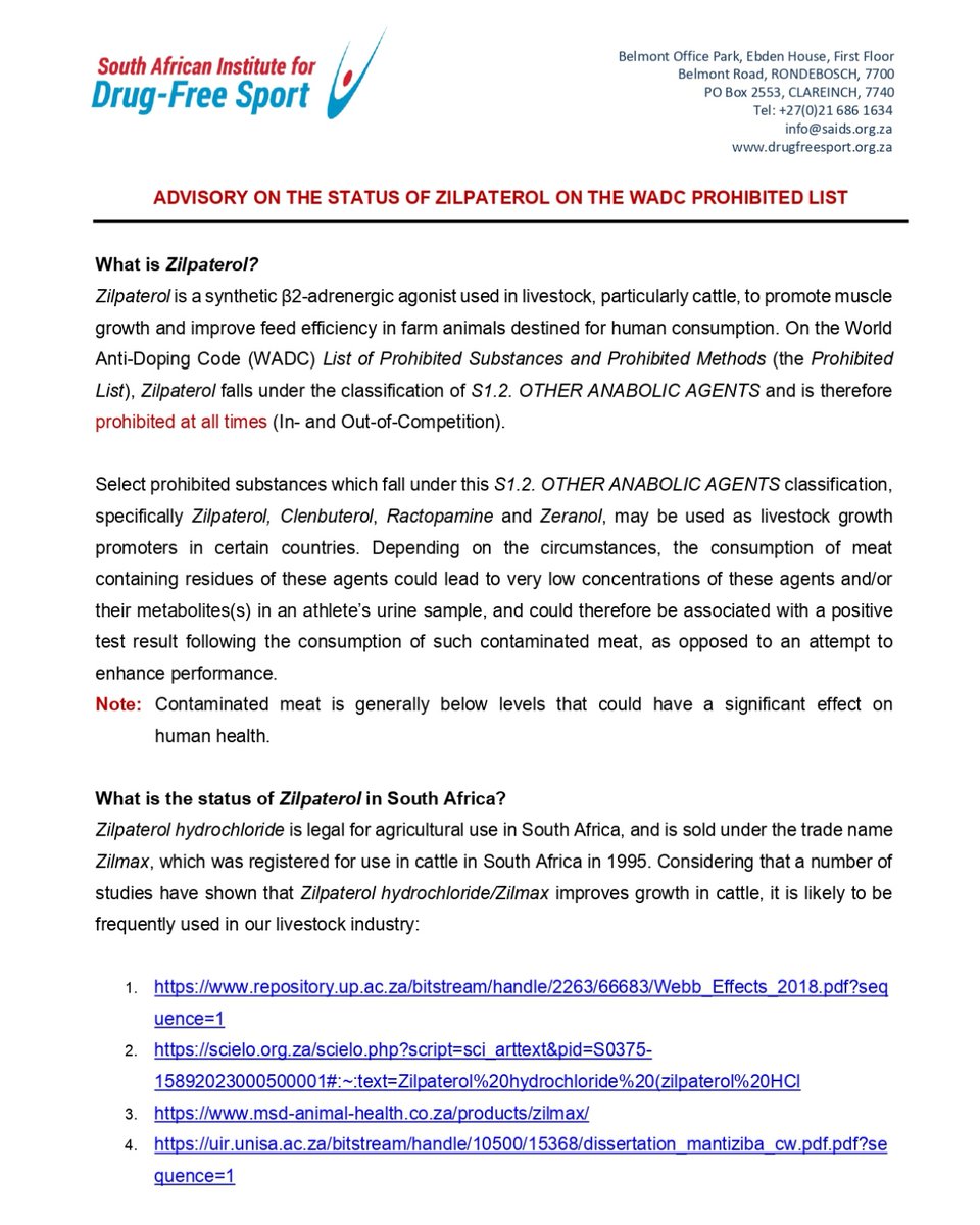 drugfreesportZA's tweet photo. ADVISORY ON THE STATUS OF ZILPATEROL ON THE WADC PROHIBITED LIST https://t.co/cFcfVfLbYs