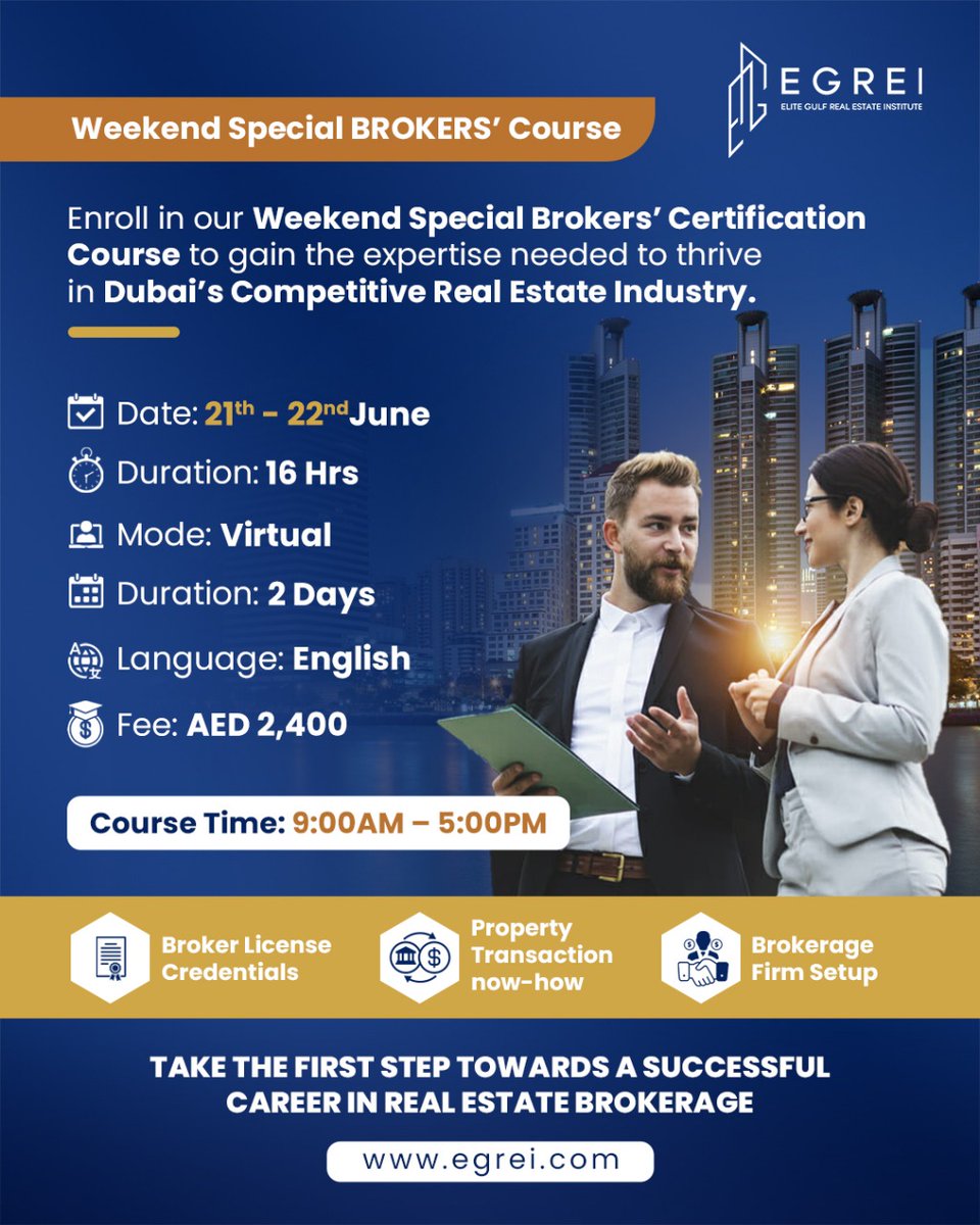 This is your chance. Our Weekend Special Brokers’ Course is tailor-made for working professionals who want to earn their RERA certification—without pausing their weekday commitments.

Dates: 21–22 June | Virtual | AED 2,400
Seats fill fast. Register today.
#BrokerLicenseUAE 
📷