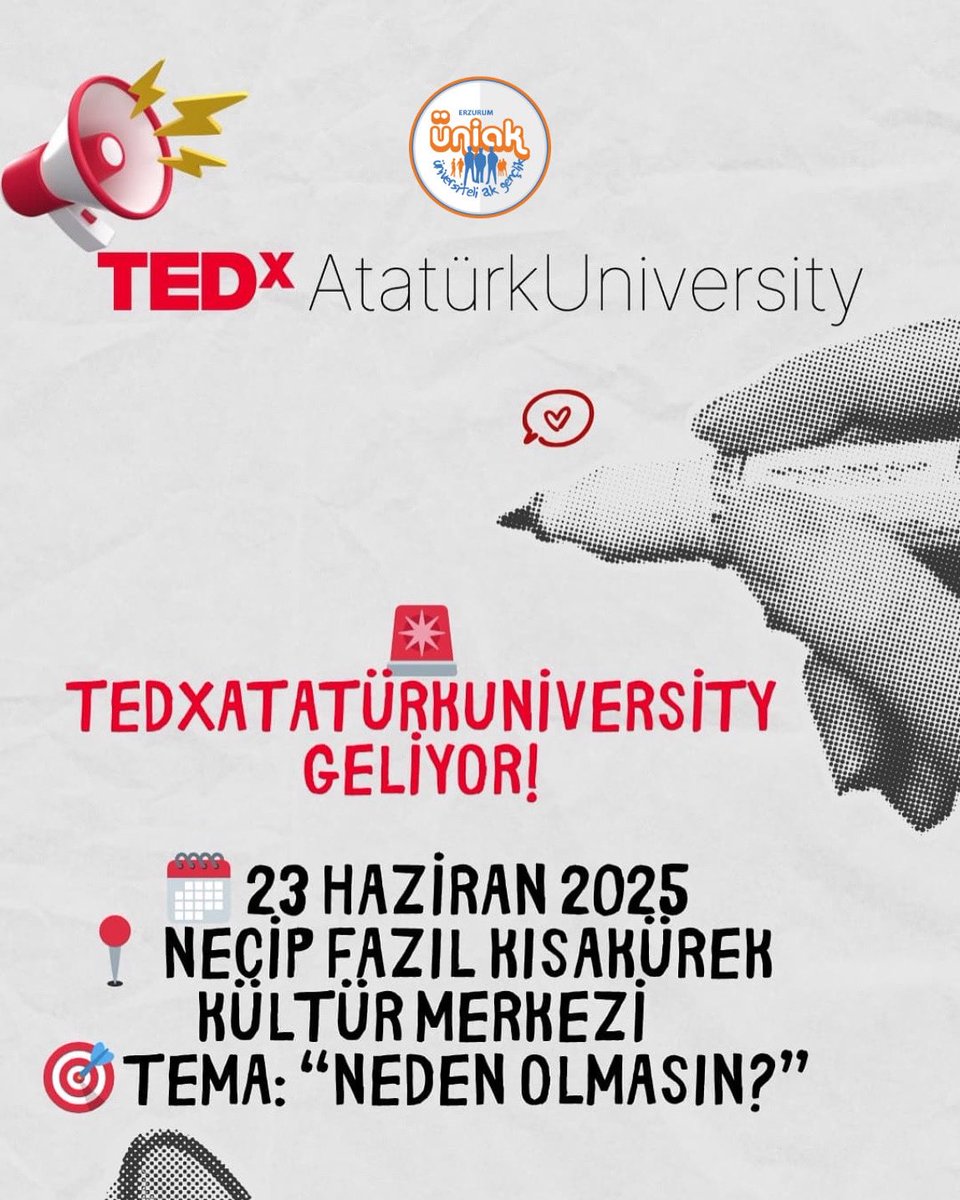 📍 23 Haziran’da Necip Fazıl Kısakürek Kültür Merkezi’nde gerçekleşecek TEDxAtatürkUniversity etkinliğimizde seni de aramızda görmek istiyoruz!

📝 Katılım formunu hemen doldur, yerini ayırt:
🔗 forms.gle/HMGg1FkPAZWdU2…

📢 Kontenjan sınırlıdır. Geç kalma!