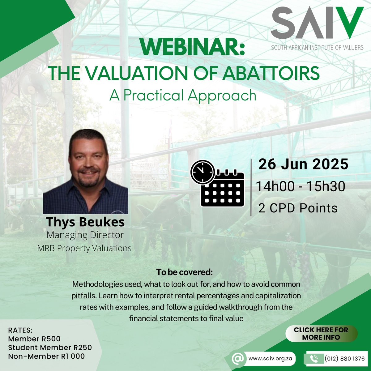 South African Institute of Valuers (@sa_valuers) on Twitter photo 🔍 Webinar Invitation: The Valuation of Abattoirs – A Practical Approach
🗓 26 June | 14h00 – 15h30
🎙️Thys Beukes, MD at MRB Property Valuations
👉Secure your spot and register now:
saiv.glueup.com/event/webinar-…
#PropertyValuation #Webinar #AbattoirValuation #SAIV 🔍 Webinar Invitation: The Valuation of Abattoirs – A Practical Approach
🗓 26 June | 14h00 – 15h30
🎙️Thys Beukes, MD at MRB Property Valuations
👉Secure your spot and register now:
saiv.glueup.com/event/webinar-…
#PropertyValuation #Webinar #AbattoirValuation #SAIV