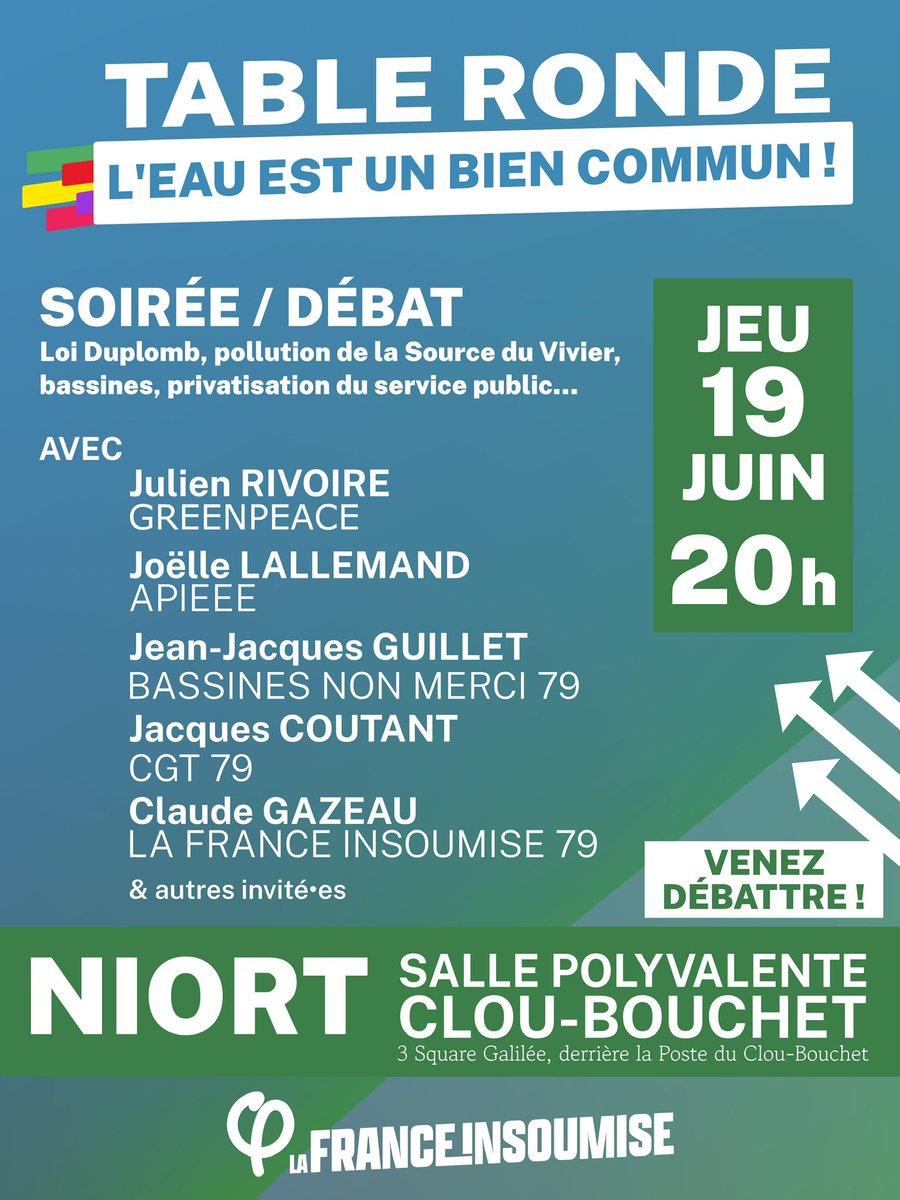 FrancoisCharr0n's tweet photo. 🚨 Pas un mot dans la presse locale ? On ne nous fera pas taire ! 💧 Ce soir, 20h, salle Clou-Bouchet à Niort : débat public sur l’eau, bien commun à défendre. Rejoignez-nous pour faire entendre la voix du peuple ! Partagez, venez, mobilisez-vous ! #Eau #Niort https://t.co/7IXkKEdN1s