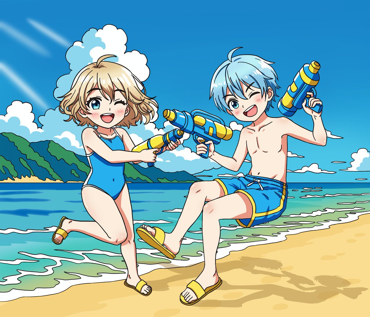 Akio and Akira are playing with water guns on the beach in the summer.
Do you love them guys?
They will be available for print