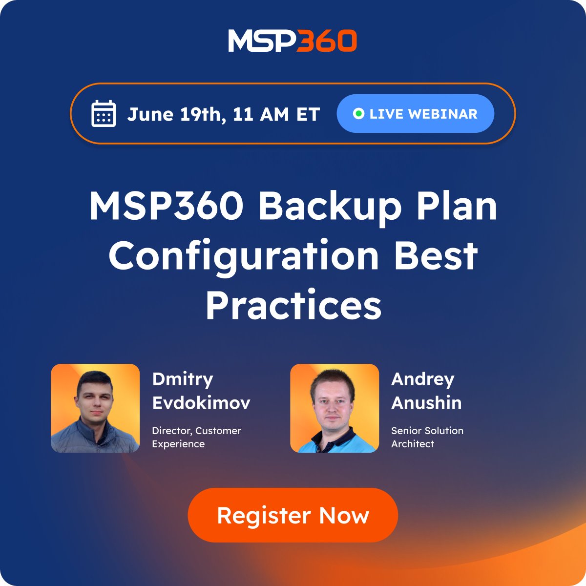 🚨 Last chance! Learn how to configure backups that actually work – live &amp; hands-on.

🗓️ June 19, 11 AM ET

No slides – just real examples in MSP360 Managed Backup!

Don't miss your chance – register now ➡️ hubs.ly/Q03sPQWk0

#MSP360 #MSP #BackupSolutions #Webinar