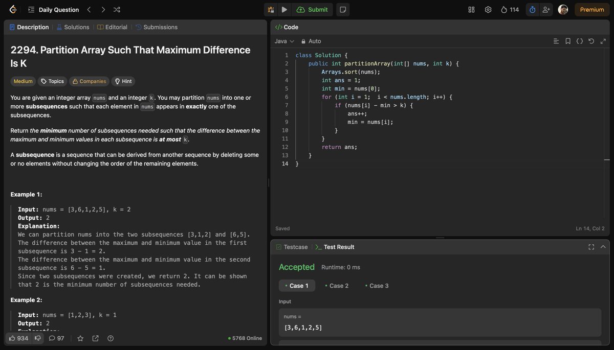ayush_kumarrai's tweet photo. Today's POTD was pretty easy to crack! Just had to sort the array and group elements such that the difference between the max and min in each group doesn’t exceed k. A simple greedy approach did the trick! ✅ #LeetCode #POTD #Java #CodingRoutine https://t.co/ttISdxhUG4