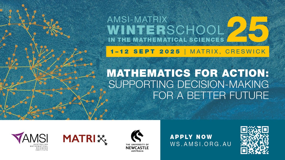ausphysics's tweet image. The maths of bushfire prevention, machine learning in healthcare, modelling groundwater: join the two week AMSI-MATRIX Winter School to develop your math-based decision-making for a better future.
1-12 Sep
MATRIX, Creswick, VIC
Applications close 22 Jun: ws.amsi.org.au