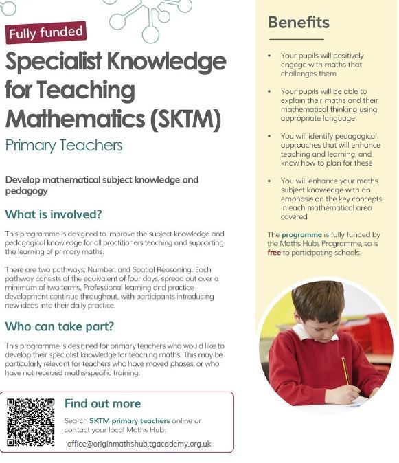 🚀 The Specialist Knowledge for Teaching Mathematics (SKTM) programme offers a fully funded pathway focused on Number, designed to strengthen both your subject knowledge and pedagogical skills.

Sign up here - buff.ly/EYCd2aE