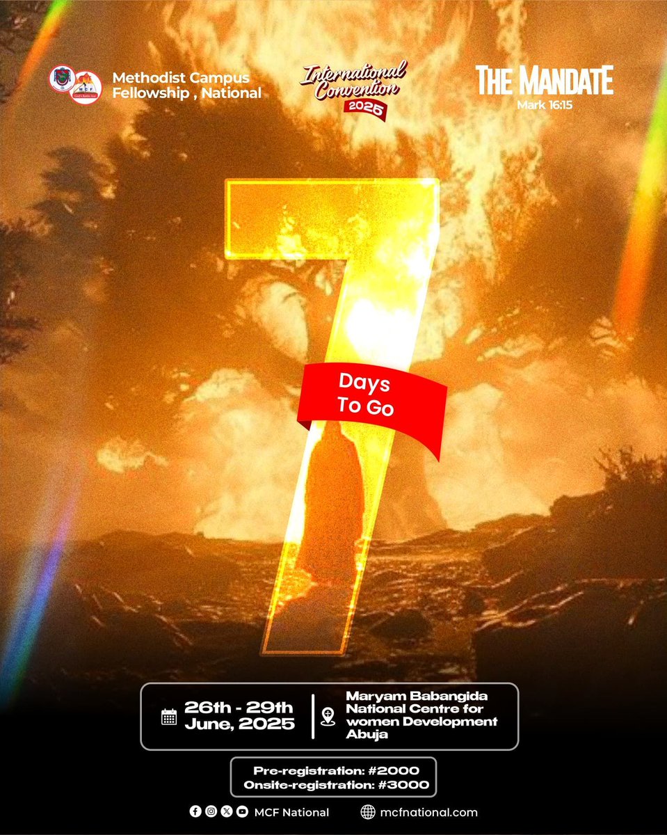 MCFNational's tweet image. One week countdown🔥

Are you hungry and thirsty for a new encounter?
Come up hither to IC'25!

Have you registered for International Convention, 2025?
Pre-register with the link below: bit.ly/ICpre-registra…

#07DaysToGo
#TheMandate
#Abuja2025
#GodsBattleAxe