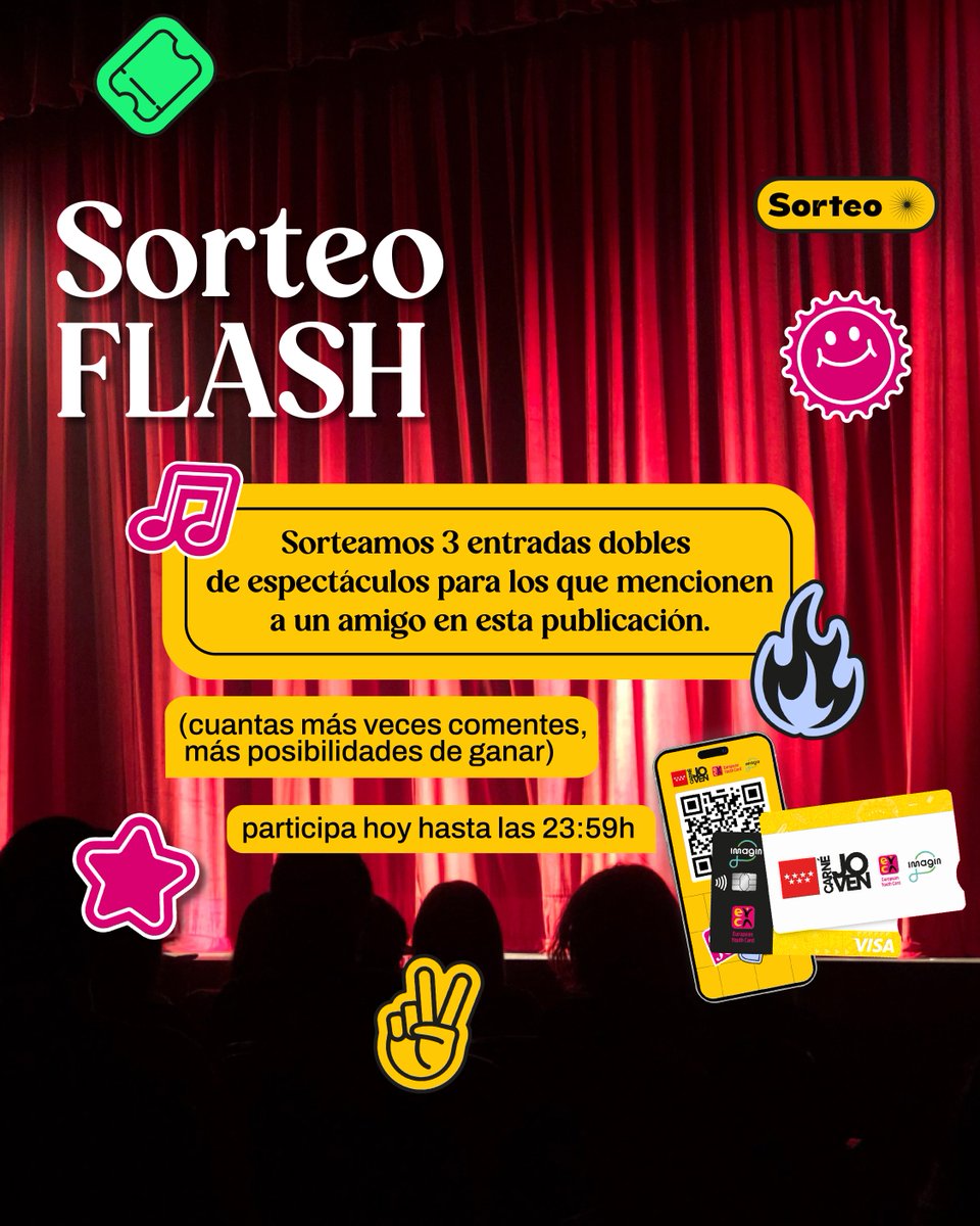SORTEO FLASH – SOLO PUEDES PARTICIPAR HOY 🎟️

¿Te va la emoción rápida? Pues atentos porque...
🔥 ¡Sorteamos 3 ENTRADAS DOBLES! 🔥
Solo tienes este jueves para participar, así que date prisa:

#SorteoFLASH #CarnéJovenMadrid #HazMásViveMás