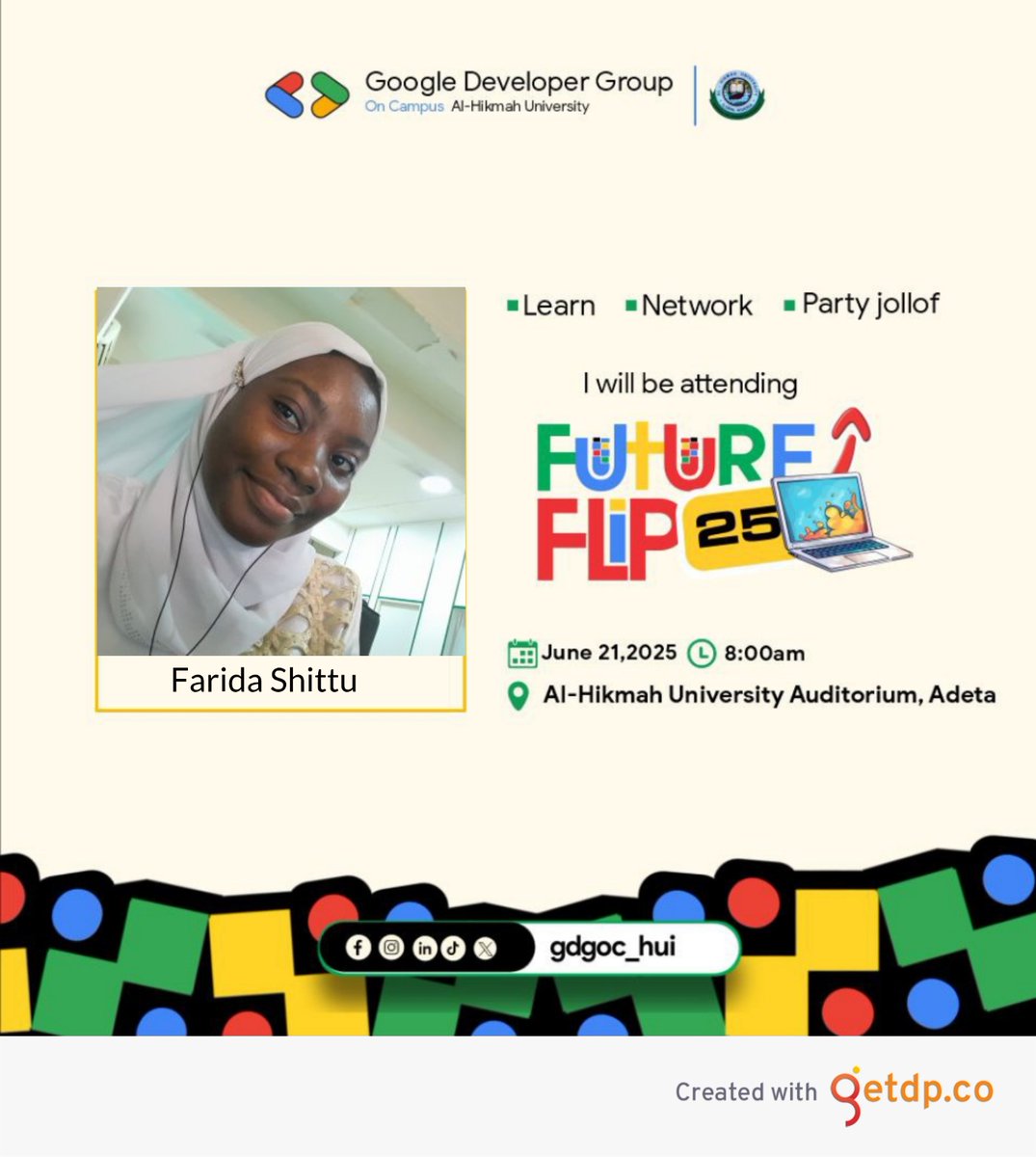 FaridaShittu7's tweet photo. I'll be attending #FutureFlip25,  see you there 😇🚀!
@gdgoc_hui https://t.co/Z8iBfPs6gp