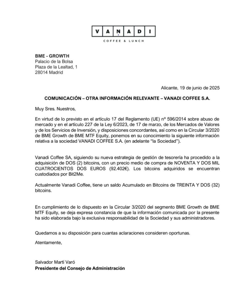 Vanadi Coffee purchased 2 more bitcoin and now holds 32 in total.