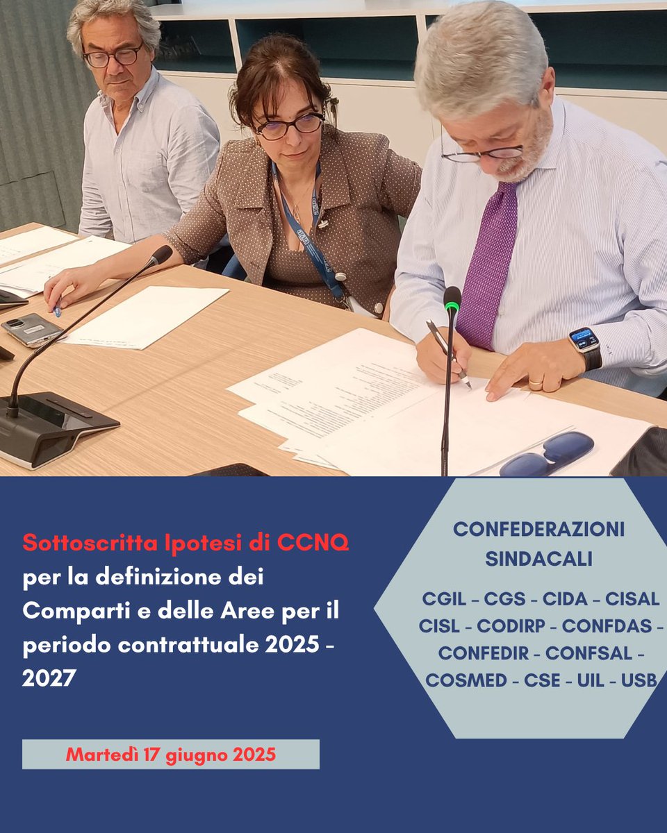 📌  In data 17 giugno 2025 è stata sottoscritta l’Ipotesi del Contratto collettivo nazionale quadro per la definizione dei comparti e delle aree di contrattazione collettiva nazionale (2025-2027). 
Il testo contrattuale definisce la composizione dei comparti di contrattazione