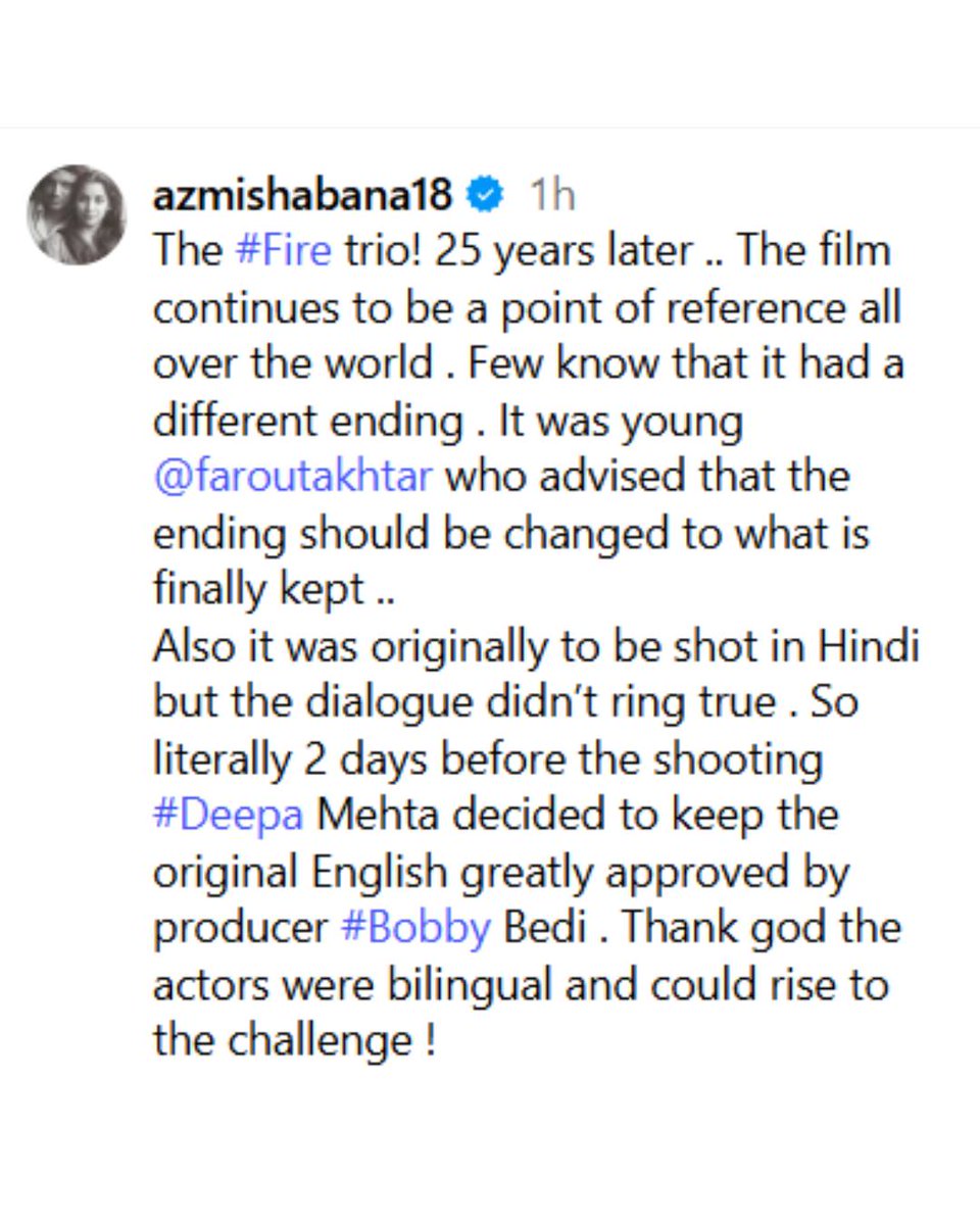 #ThrowbackThursday: #ShabanaAzmi reunites with #Fire co-star #NanditaDas and director #DeepaMehta

She reveals that the film originally had a different ending, but it was changed on #FarhanAkhtar’s suggestion to the one we see today

#Fire #bollywood #throwback