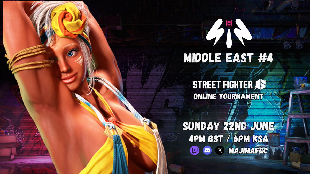 🟣 SIN Middle East #4

🌐 Open to Bahrain, Iraq, Jordan, Kuwait, Oman, Pakistan, Qatar, Saudi Arabia and UAE.

🗓Sunday 22nd June

⏰Check-in opens 5pm KSA
Tournament will begin 6:20pm KSA

✍️ challonge.com/SINME4
📺 twitch.tv/MajimaFGC