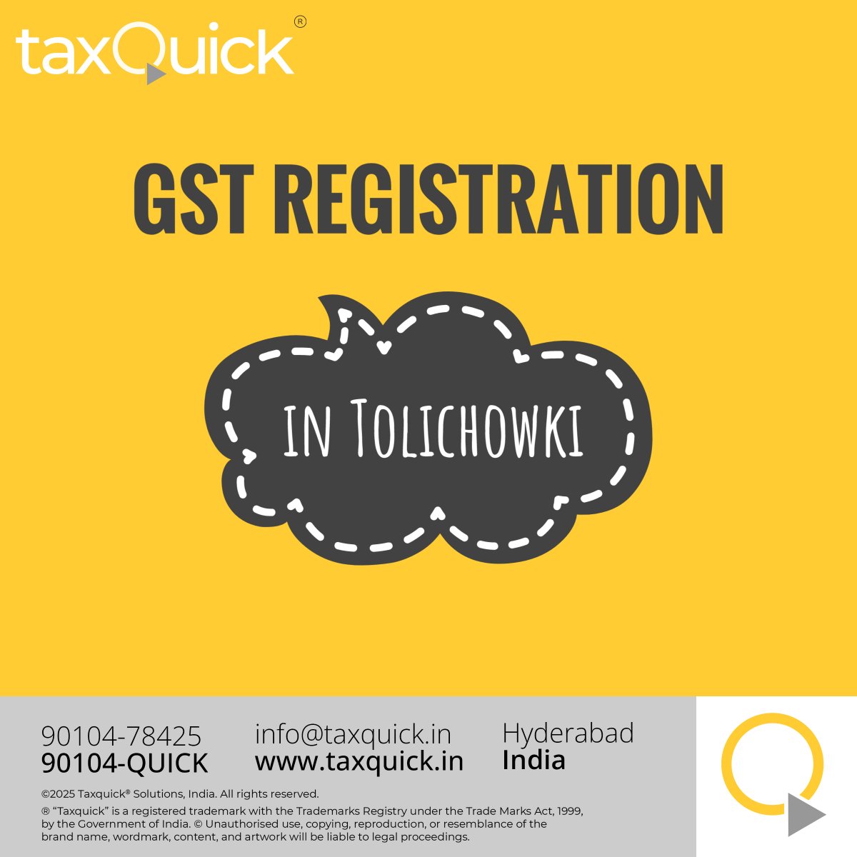 TaxQuickIndia's tweet photo. 📍 Tolichowki Businesses!
Need GST Registration? TaxQuick offers fast, simple &amp; local service.
No GST, no growth — register today with TaxQuick.
📞 90104-78425 | 🌐 https://t.co/tEYEXbtrRi
#GSTTolichowki #QuickRegistration

https://t.co/Me61uweQrx https://t.co/igQXDeQAoQ