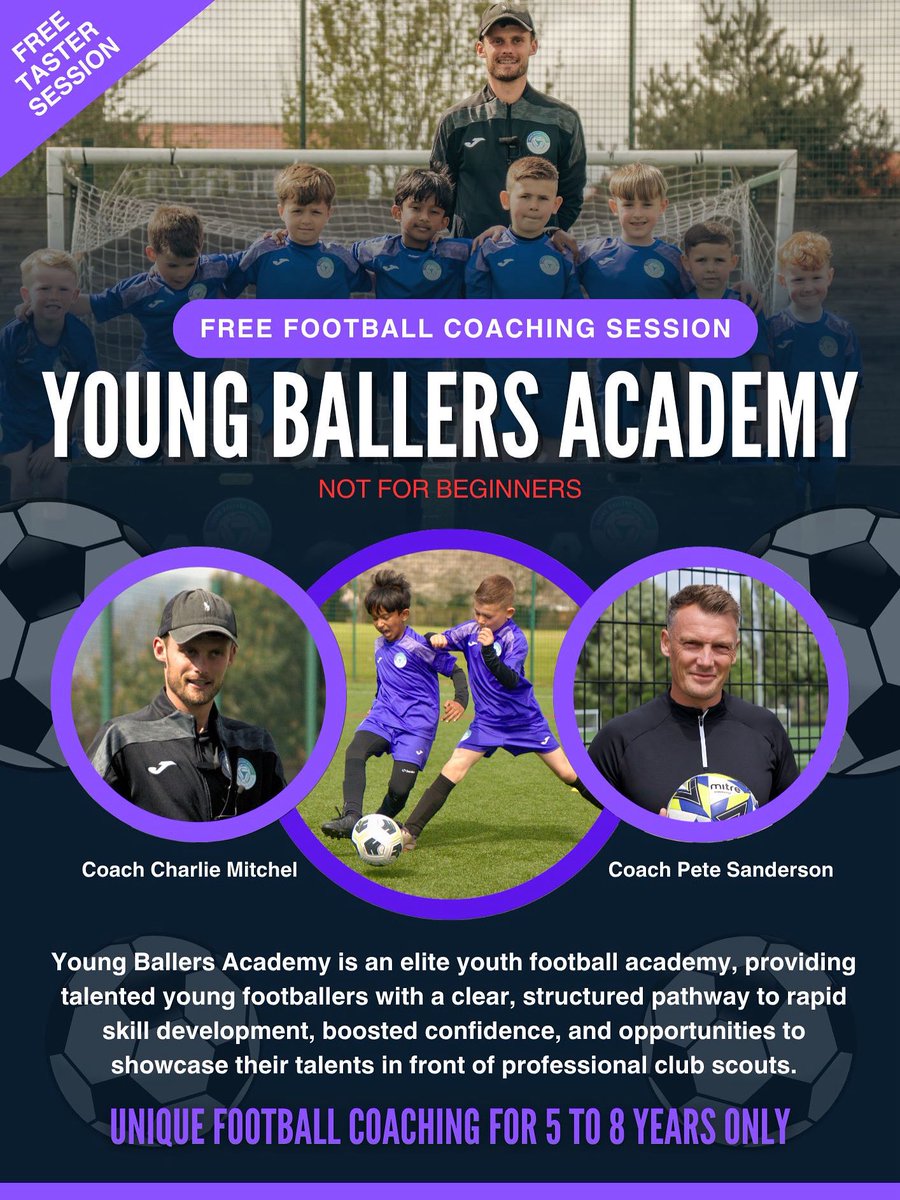 ⚽️ FREE 1 hour Football Taster Sessions for Under 6 &amp; Under 7 Players! ⚽️

Young Ballers Academy (YBA) now has availability for Under 6 and Under 7 talented footballers to attend a FREE taster session. 
visit:
youngballersacademy.co.uk