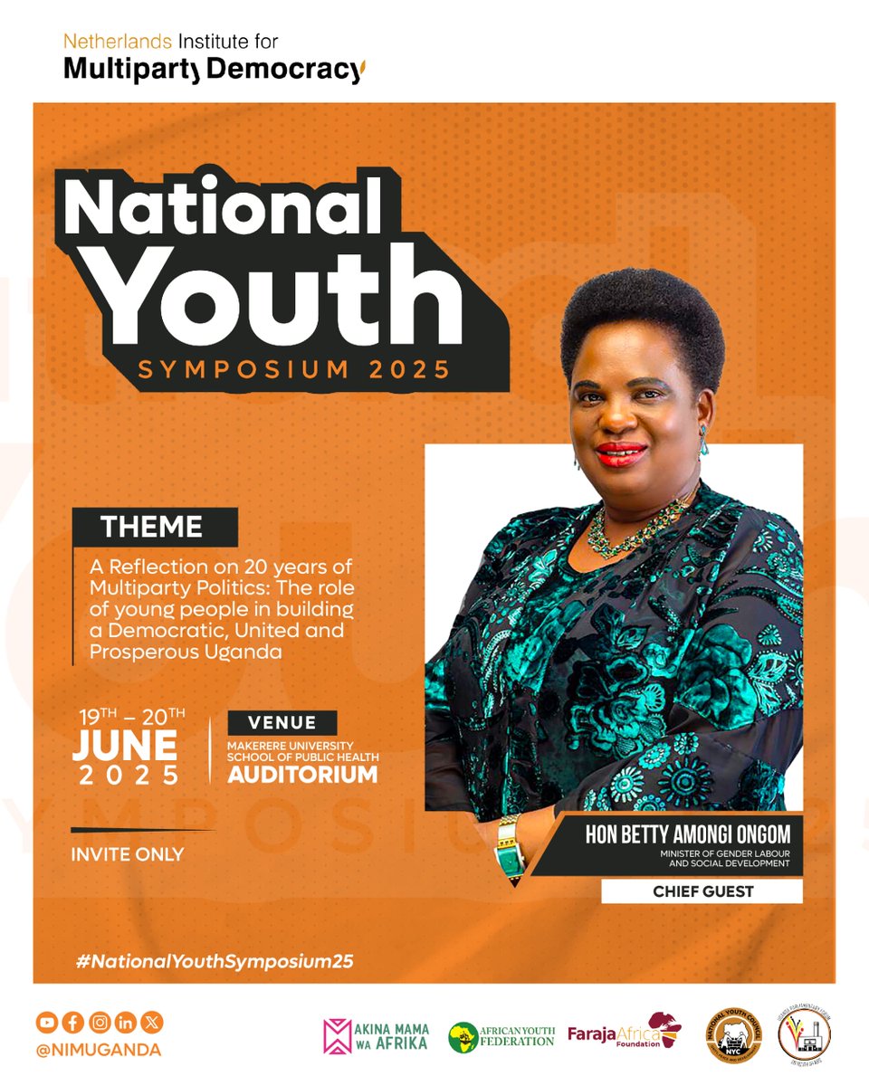 National Secretariate for Special Interest Groups (@nationalsigug) on Twitter photo Hon.<a href="/BettyAmongiMP/">Hon Betty Amongi</a> , Minister of Gender, Labour, and Social Development, is Chief Guest of Day 1 of the #NationalYouthSymposium25.
Theme: “A Reflection on 20 Years of Multiparty Politics: The Role of Young People in Building a Democratic, United, and Prosperous Uganda”
<a href="/Mglsd_UG/">Ministry of Gender, Labour and Social Development</a> Hon.<a href="/BettyAmongiMP/">Hon Betty Amongi</a> , Minister of Gender, Labour, and Social Development, is Chief Guest of Day 1 of the #NationalYouthSymposium25.
Theme: “A Reflection on 20 Years of Multiparty Politics: The Role of Young People in Building a Democratic, United, and Prosperous Uganda”
<a href="/Mglsd_UG/">Ministry of Gender, Labour and Social Development</a>