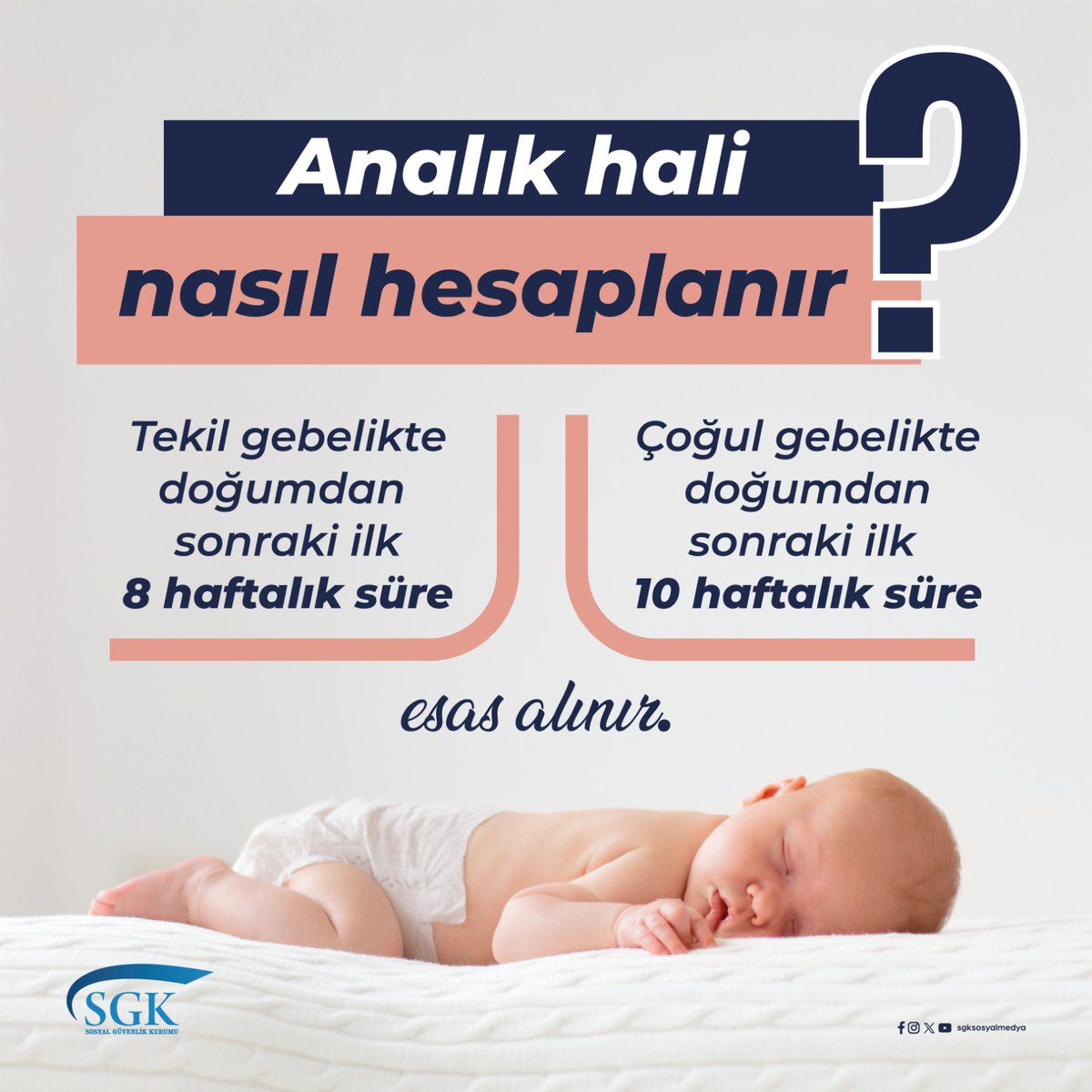 Analık hali hesaplanırken;
- Tekil gebelikte doğumdan sonraki 8 haftalık süre
- Çoğul gebelikte doğumdan sonraki 10 haftalık süre
esas alınır.