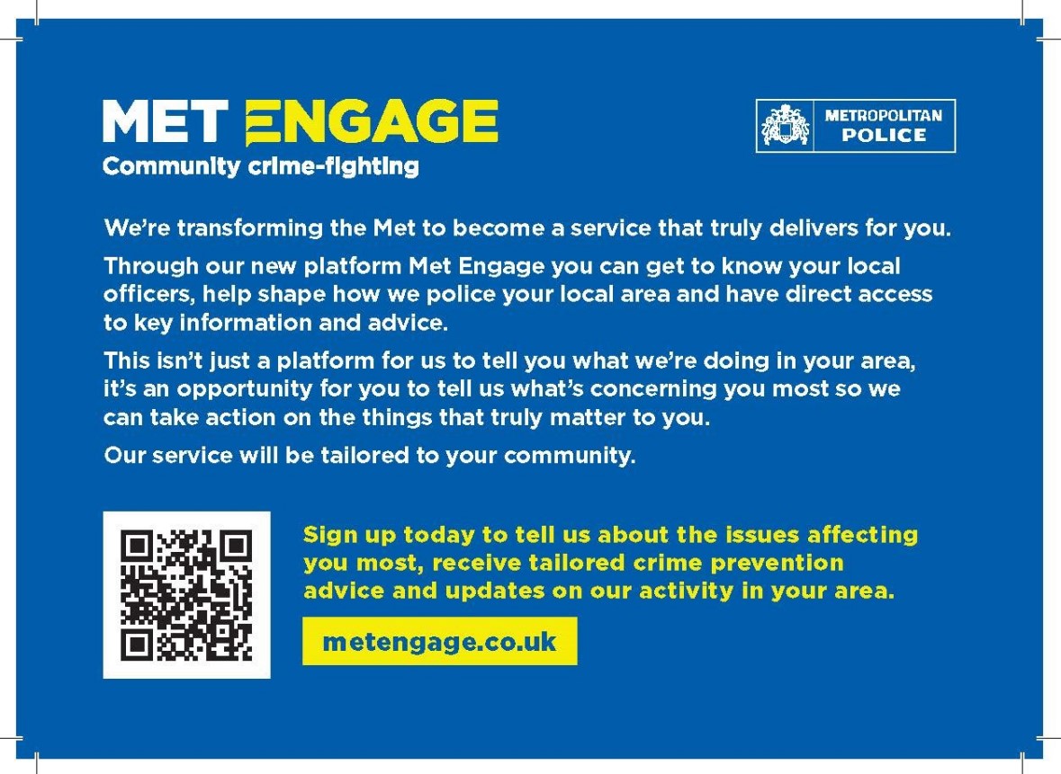 MPSBeckenham's tweet photo. #METENGAGE | We are launching a brand new service called Met Engage. Sign up today to receive updates from your local police officers on the issues that matter most to you. Sign up here https://t.co/iELH0iugaL https://t.co/RqCMO0Dc6X