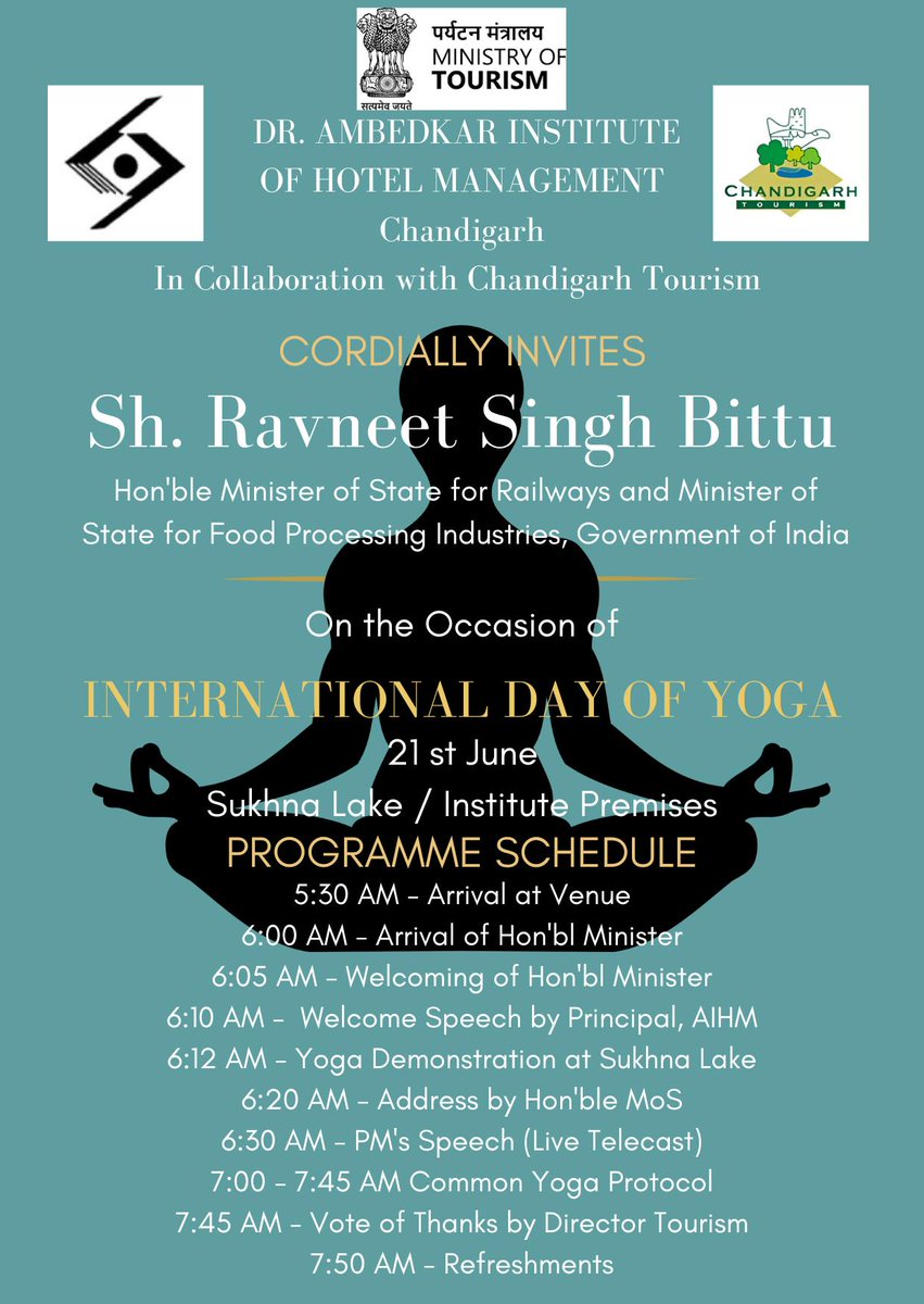 Join #AIHM on International Yoga Day, June 21st at 6 AM at Sukhna Lake with Chief Guest Ravneet Singh Bittu! 🧘‍♀️ Embrace serenity, release stress, and rejuvenate with yoga and meditation by the tranquil lake. #YogaDay 
<a href="/tourismgoi/">Ministry of Tourism</a> <a href="/NCHMCT_NOIDA/">NCHM-IH, Noida</a>