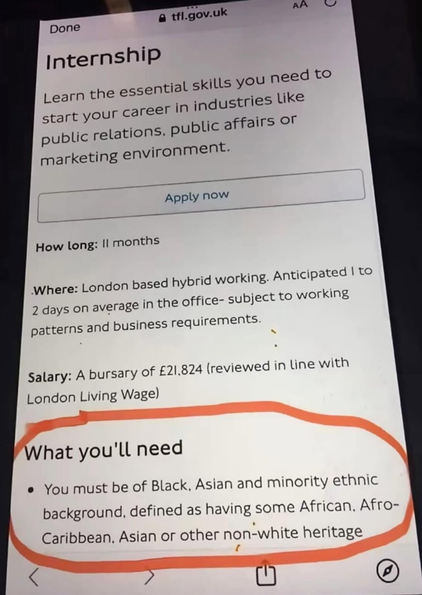 AldoSterone111's tweet photo. Londres : stage dans la régie des transports (TfL). L'annonce indique que poste n'est pas ouvert aux Blancs. L'Apartheid sans complexe. Ce pays est le labo de toutes les horreurs. https://t.co/aGViHnDBrH