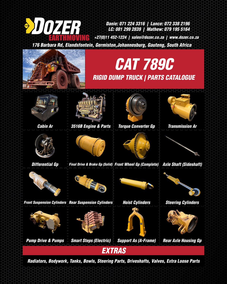 COMPONENTS &amp; PARTS IN STOCK ‼️
CAT 789C Dump Trucks now dismantling for Spare Parts &amp; Components… ⚙️
Various Good Used &amp; Fully Reconditioned OEM CAT 789C Components &amp; Parts readily available in stock for resale right away! 🚨
+27 (11) 452-1224 📞/ info@dozer.co.za 📧
*
*
*
*
*