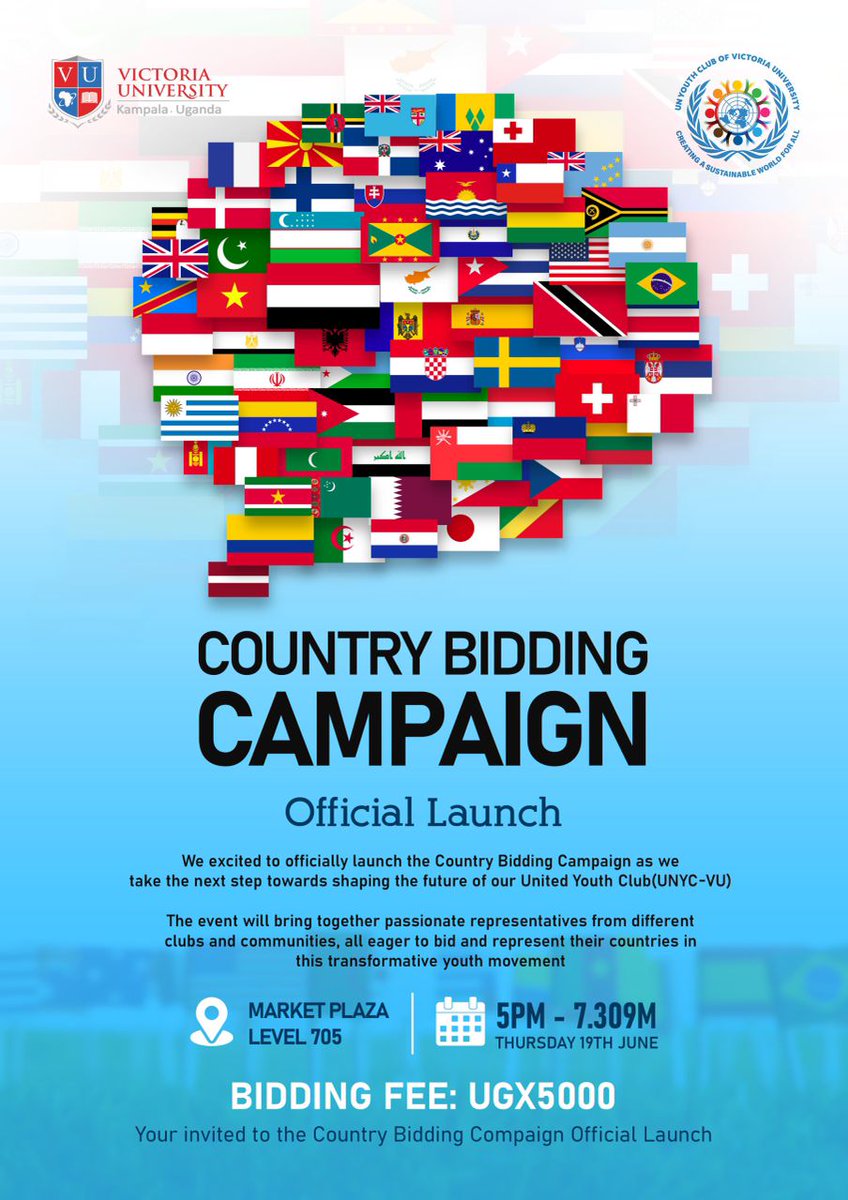 UNITED NATIONS YOUTH CLUBS AND COMMUNITIES (UNYCC) (@unycc_org) on Twitter photo The wait is over!
We’re proud to officially launch the Country Bidding Campaign for the United Youth Club of Victoria University <a href="/unyc_vu/">UN Youth Club Of Victoria University-Kampala</a> . This is your moment to represent your country in a transformative youth-led movement. 🌐
#UNYCC #UNYC #SustainableWorldForAll The wait is over!
We’re proud to officially launch the Country Bidding Campaign for the United Youth Club of Victoria University <a href="/unyc_vu/">UN Youth Club Of Victoria University-Kampala</a> . This is your moment to represent your country in a transformative youth-led movement. 🌐
#UNYCC #UNYC #SustainableWorldForAll