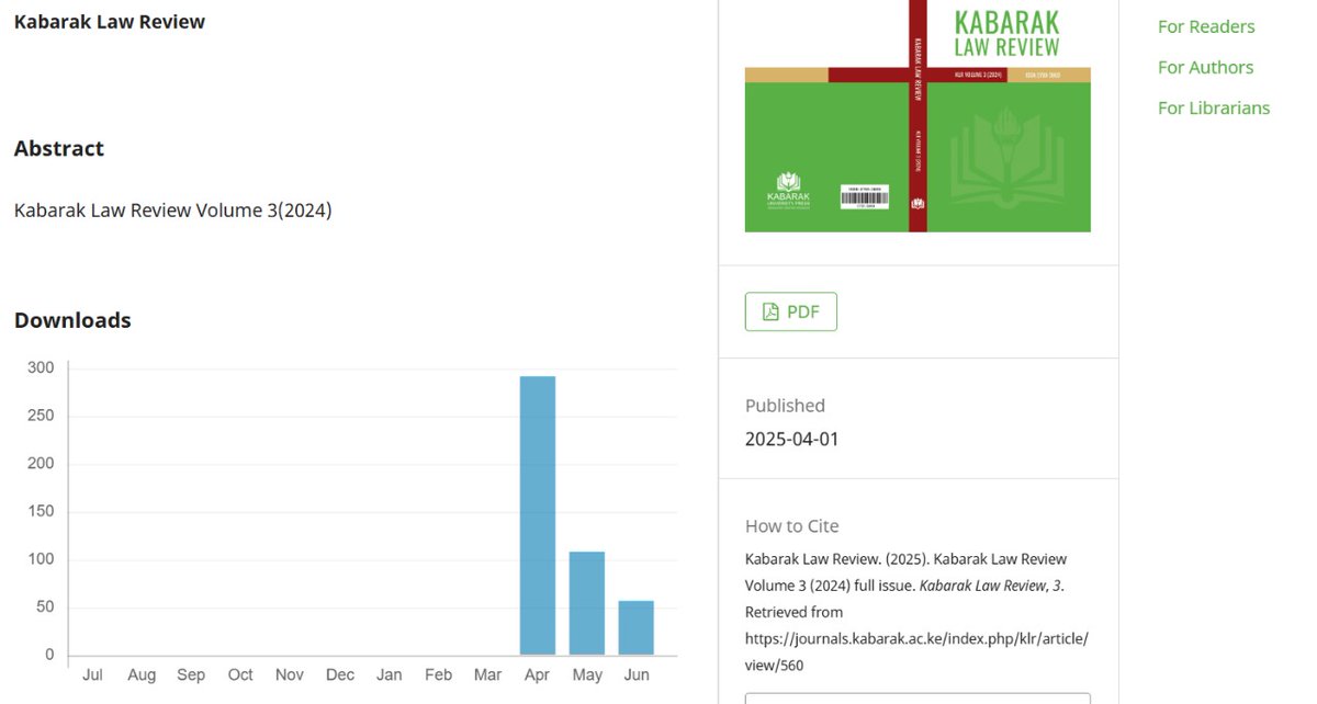 📈 Volume 3 of the Kabarak Law Review is making quiet waves:
April – 291 downloads
May – 108 downloads
June – 57 and counting
To our readers: thank you for giving these ideas flight. Scholarship lives because you read. 🧠📚 #LegalScholarship #KLR #Law