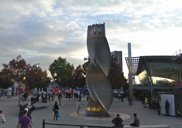 Thanks to a glitch in Google Street View, the former spiral clock tower outside Stratford Station looks like an owl.