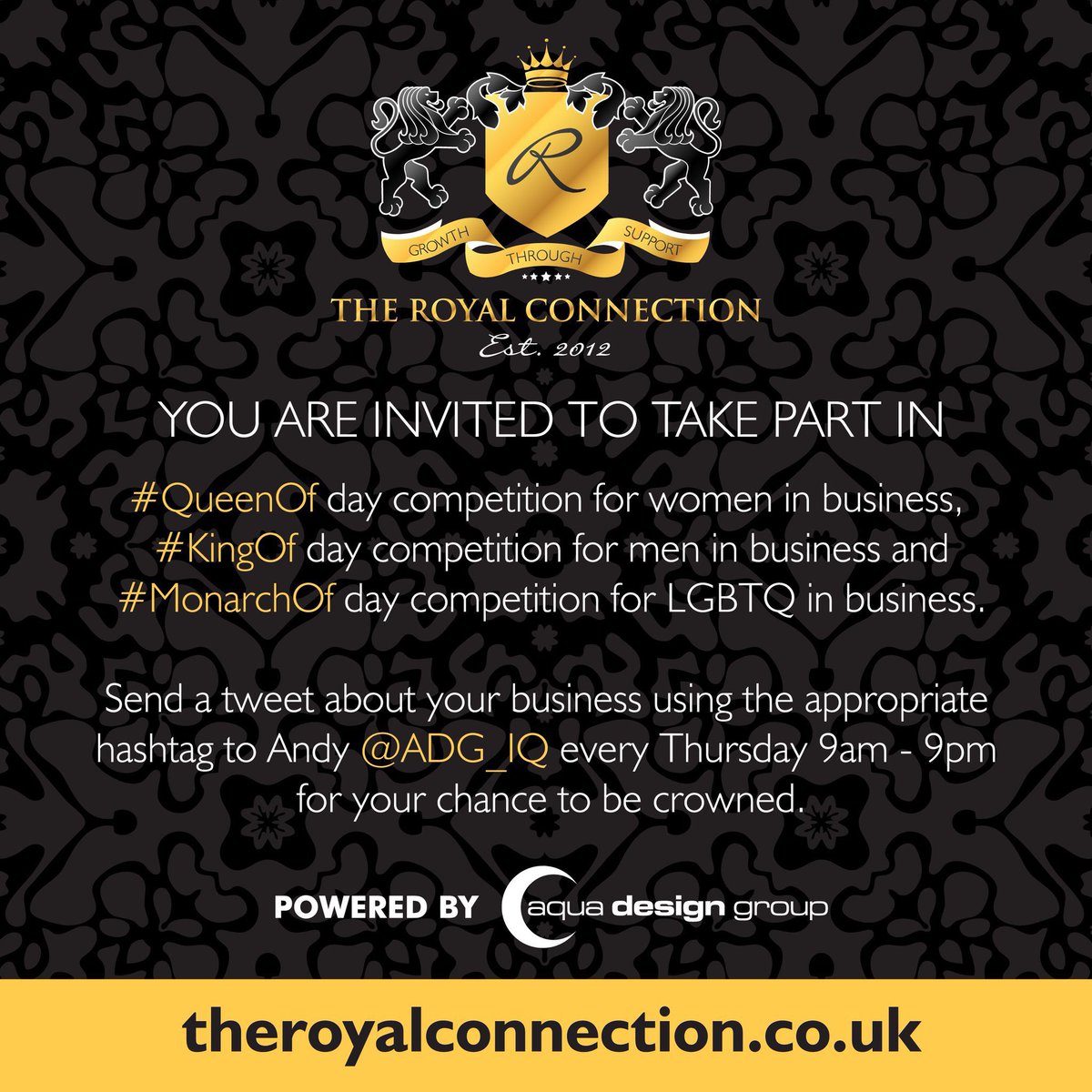 Celebrate being a #smallbusinessowner in #Stockport with <a href="/ADG_IQ/">Andy Quinn</a> #QueenOf, #KingOf and #MonarchOf day #competition today 9am - 9pm. Started by <a href="/AquaDesignGroup/">Dylan Moore</a> in 2012 😊 #MadeInStockport theroyalconnection.co.uk