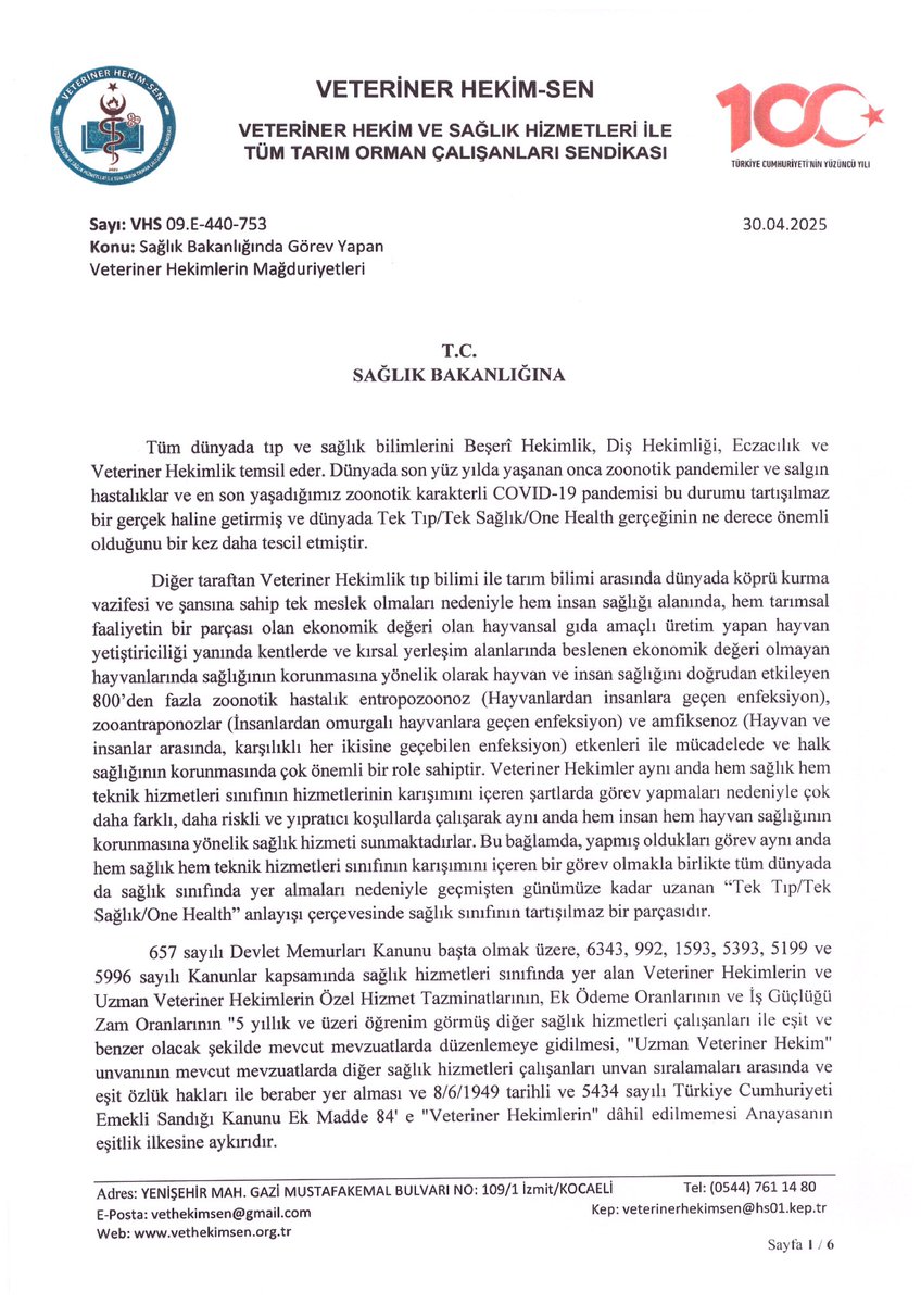 VetHekimSen's tweet photo. EMEĞİMİZ ORTAK, RİSKİMİZ ORTAK, HAKKIMIZ DA ORTAK OLMALI

Veteriner hekimliği; yalnızca hayvan sağlığı değil, aynı zamanda toplum sağlığı, gıda güvenliği ve zoonotik hastalıklarla da mücadele eder.

COVID-19 pandemisiyle birlikte tüm dünya şunu gördü:

Tek Sağlık = İnsan + Hayvan + Çevre sağlığı

Ve bu zincirin temel halkalarından biri de Veteriner Hekimlerdir.

📌 Peki Türkiye’de durum ne?

Sağlık sınıfında yer almalarına rağmen Veteriner Hekimler;

▪️ Ek ödeme ve özel hizmet tazminatlarında,
▪️ Emeklilik haklarında,
▪️ Görev zorluğu, risk ve sorumluluk ölçütlerinde
görmezden gelinmekte, sağlık hizmetleri kapsamı dışında bırakılmaktadır.

Örnek mi?

İl Sağlık Müdürlüklerinde görevli bir Veteriner Hekime verilen ek ödeme katsayısı 0,32. Aynı birimde görev yapan Beşeri Hekim ve Diş Hekimi 2,26 Uzman Hekim için 4,50.
Bu adalet midir?

Oysa kanunlar açık:
657, 6343, 992, 1593 ve 5996 sayılı kanunlarla Veteriner hekimler sağlık hizmetleri sınıfında yer alır.
Veteriner fakültesi eğitimi en az 5 yıllık lisans eğitimidir ve bu yönüyle yüksek lisans düzeyindedir.
Ama tüm bu haklı gerekçelere rağmen, özlük haklarında eşitlik ilkesine aykırı bir ayrımcılık yapılmaktadır.

Bu sebeple Sağlık Bakanlığına açık çağrımızdır: 

Dünyada üç hekimlik dalı var, özlük hakları bakımından da Diş Hekimleri ve Beşeri Hekimler aynı haklardan yararlandırılırken Veteriner Hekimlerin kapsam dışı bırakılmasına anlam veremiyoruz.

Tam gün yasasında Veteriner Hekimlerin  hekimlik hakkı elinden alında, fiili hizmet zammı hakkımız Beşeri Hekimler alamadığı gerekçesiyle elimizden alındı.

Hekimlerden hak alınırken hekim sayıldık, hekimlere hal verilirken hekim sayılmadık! Bu nasıl bir çifte standart!

Sağlık Bakanlığında Çalışan Meslektaşlarımız için

✅ “Veteriner Hekim” unvanı, sağlık meslek mensupları yönetmeliğinde açıkça tanımlanmalıdır.
✅ Emeklilik, ek ödeme ve özel hizmet tazminatı gibi tüm haklar; tabip, diş hekimi ve eczacı ile eşit şekilde düzenlenmelidir.

Çünkü:
Veteriner Hekim olmadan Tek Sağlık olmaz!

#VeterinerHekimSendeyiz
⬇️

@tcbestepe @TCTarim @RTErdogan @ibrahimyumakli @AhmetGumen @saglikbakanligi @drmemisoglu