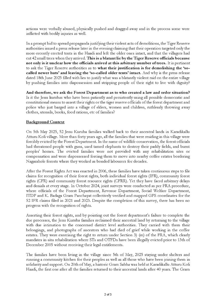 ConnectCnapa's tweet photo. PRESS RELEASE on Forest Department's violence and atrocity against Jenu Kuruba Adivasis of Nagarahole forests, Karnataka. https://t.co/hpYyMPdvCe