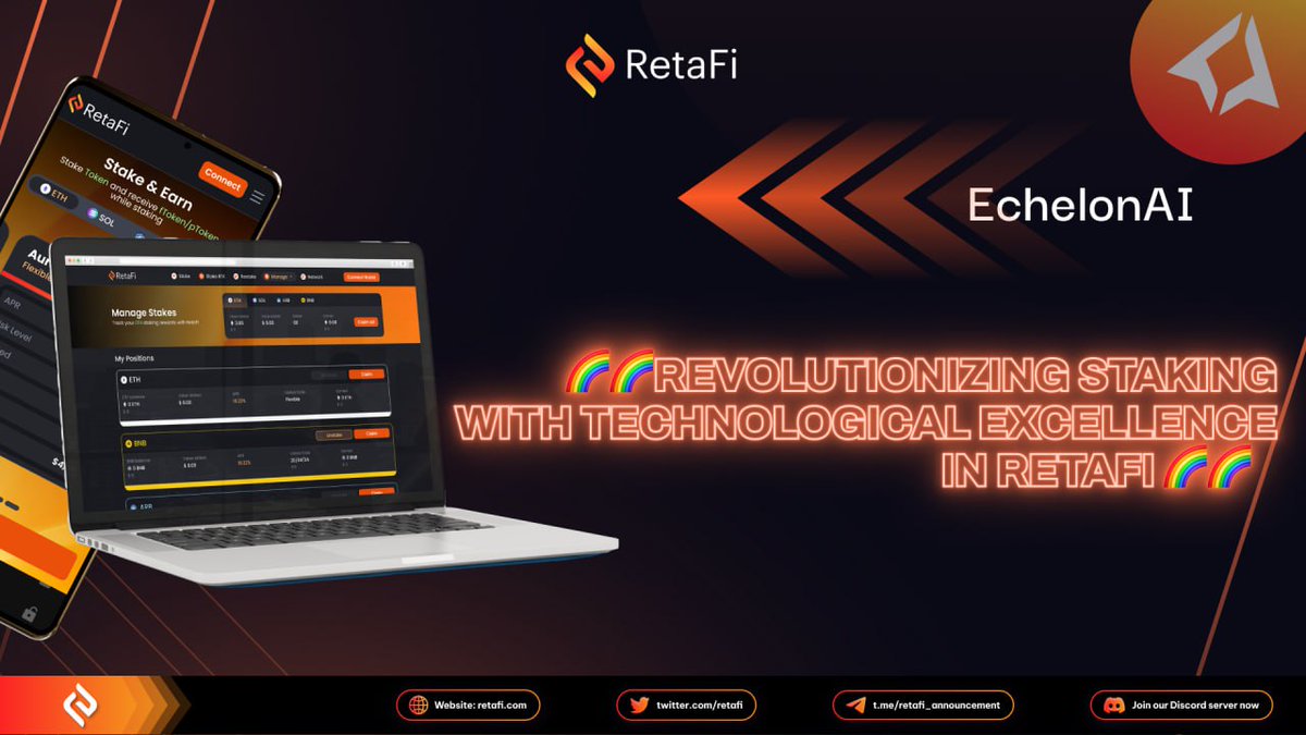 retafi_com's tweet photo. 🌈🌈 EchelonAI: Revolutionizing Staking with Technological Excellence in RetaFi 🌈🌈

1️⃣ EchelonAI, the epitome of technological excellence in RetaFi, is the foundation of our staking infrastructure, meticulously crafted by a team of AI and machine learning veterans. https://t.co/LDijbJAXB2