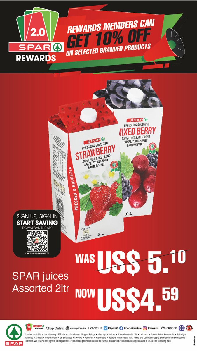 🧃 Juice lovers! 1L Juices – Mango &amp; Orange or Apple &amp; Cranberry just US$1.89! 🍊 2L Juices – Strawberry or Mixed Berry only US$4.59! ✅ 100% Fruit Juice, Preservative-free. Stock up at SPAR! #JuiceDeals #SPARZimbabwe #TopsAtSPAR #FreshSavings #PressedAndPoured #SPARRewards