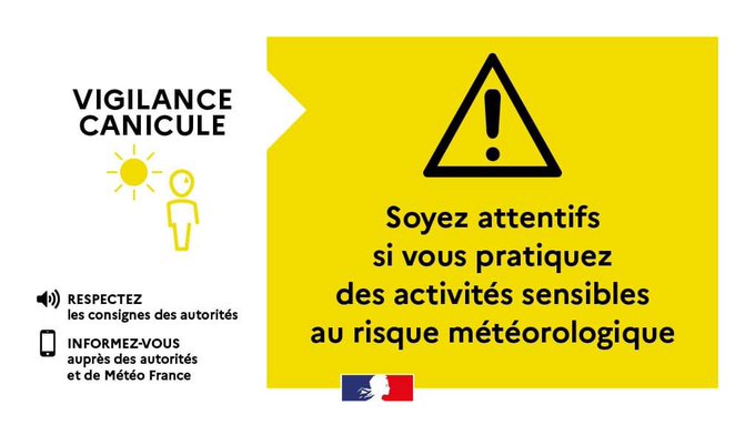 #VigilanceJaune 🟡| Le département de la #Gironde est placé en vigilance JAUNE pour le risque #canicule (à partir de 12h).

➡️ Le préfet appelle chacun à la plus grande vigilance, particulièrement à l’occasion des événements festifs prévus ce weekend : <a href="/BordeauxFeteVin/">Bordeaux Fête le Vin</a> et la