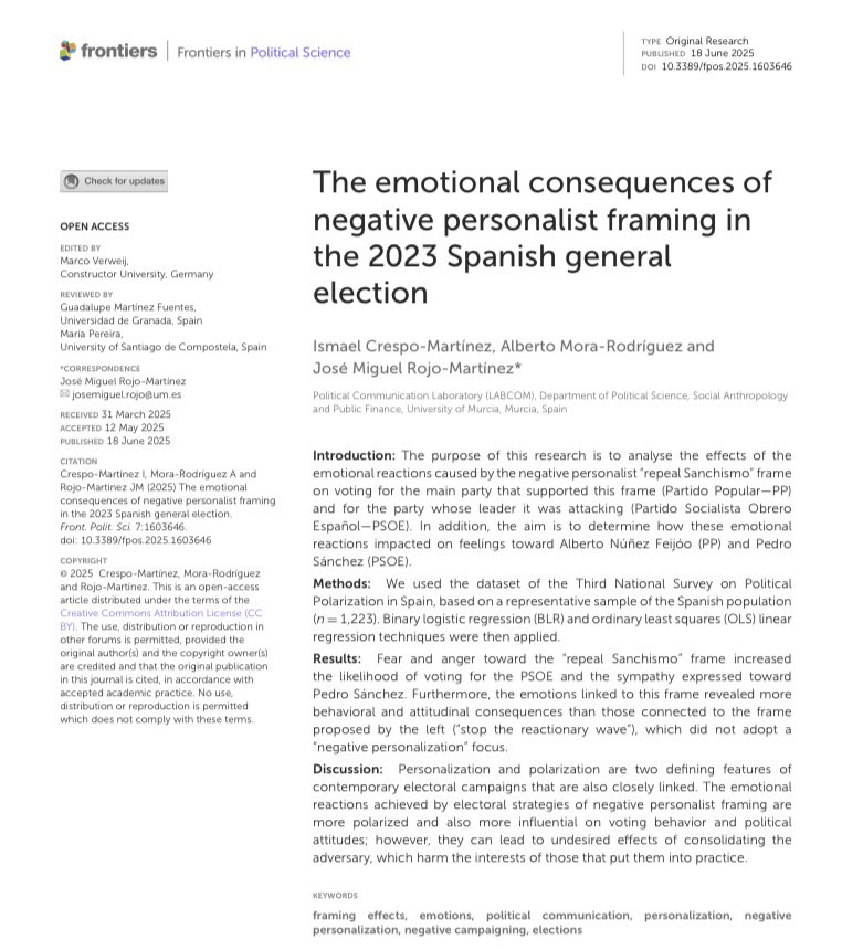 Tal vez la campaña “derogar el sanchismo” no fue la mejor idea del mundo.

En este artículo publicado en <a href="/FrontPolSci/">Frontiers - Political Science</a> contamos por qué y hablamos sobre estrategias de personalización negativa y emociones.

Lo puedes leer en abierto: doi.org/10.3389/fpos.2…

<a href="/Albertomora_r/">Alberto Mora</a>