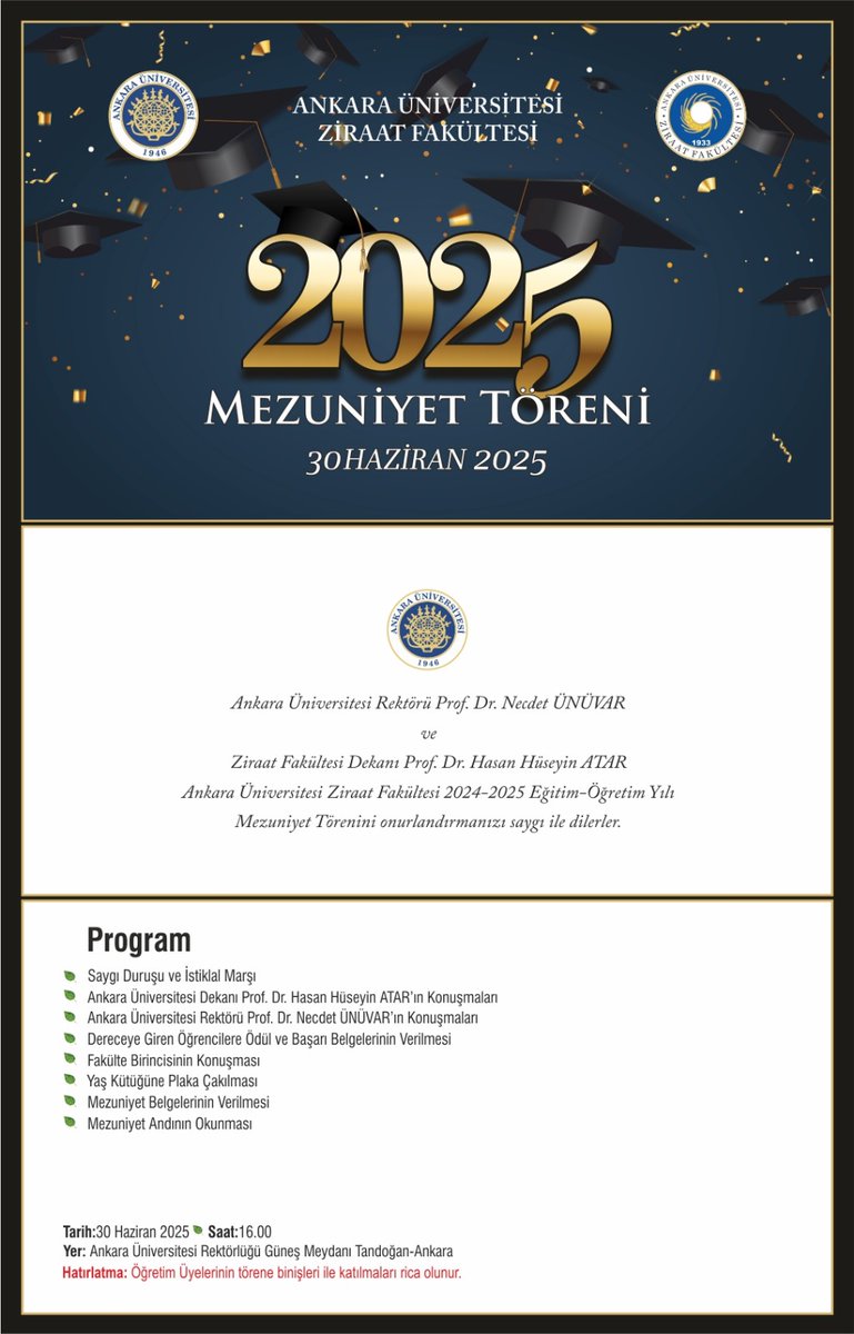 Ankara Üniversitesi Ziraat Fakültesi Mezuniyet Töreni
#ZiraatMühendisi #ZiraatFakültesi #2025Mezuniyet
<a href="/AnkaraUni/">Ankara Üniversitesi</a> 
<a href="/necdetunuvar/">Necdet Ünüvar</a> 
<a href="/Hasan_H_ATAR/">Prof.Dr.HasanATAR</a>