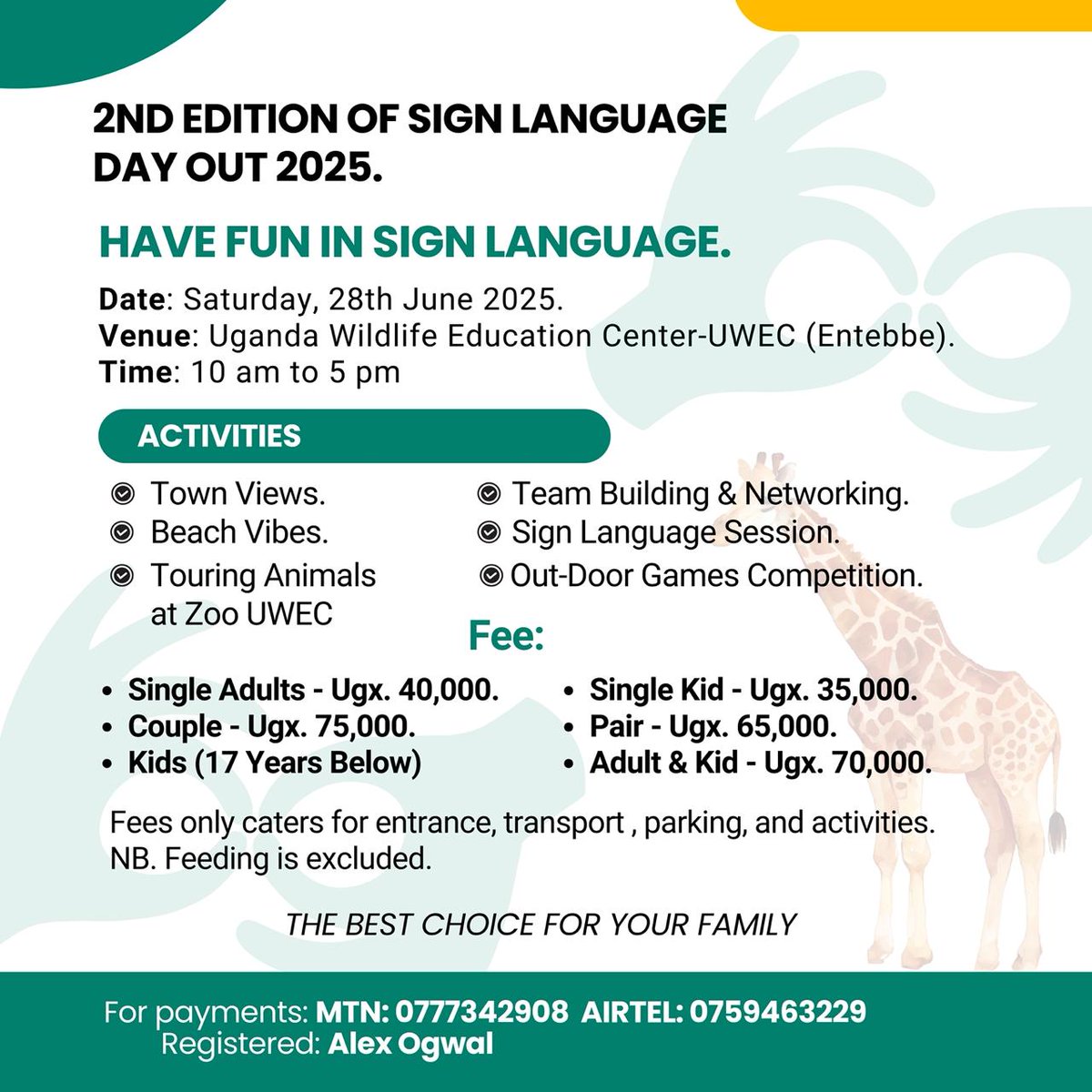 Hello beautiful #signers,

For the love-of sign language, we have organised the Second Edition of Sign Language Day Out 2025 that will happen on the 28th June 2025 at <a href="/UWEC_EntebbeZoo/">UWEC</a> .

This activity doesn't only offer the opportunity to see the animals but also to interact in