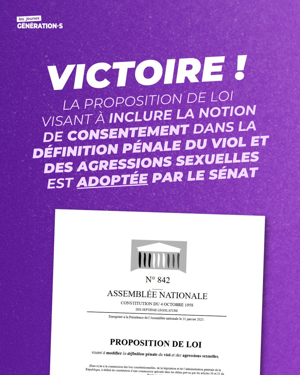 🟣 Victoire !

La France est sur le point d'ajouter la notion de consentement dans la définition pénale du viol et de l'agression sexuelle après l'adoption par le Sénat de la proposition de loi portée notamment par <a href="/MC_Garin/">Marie-Charlotte Garin</a> !

Prochaine étape : la commission mixte paritaire ✊️
