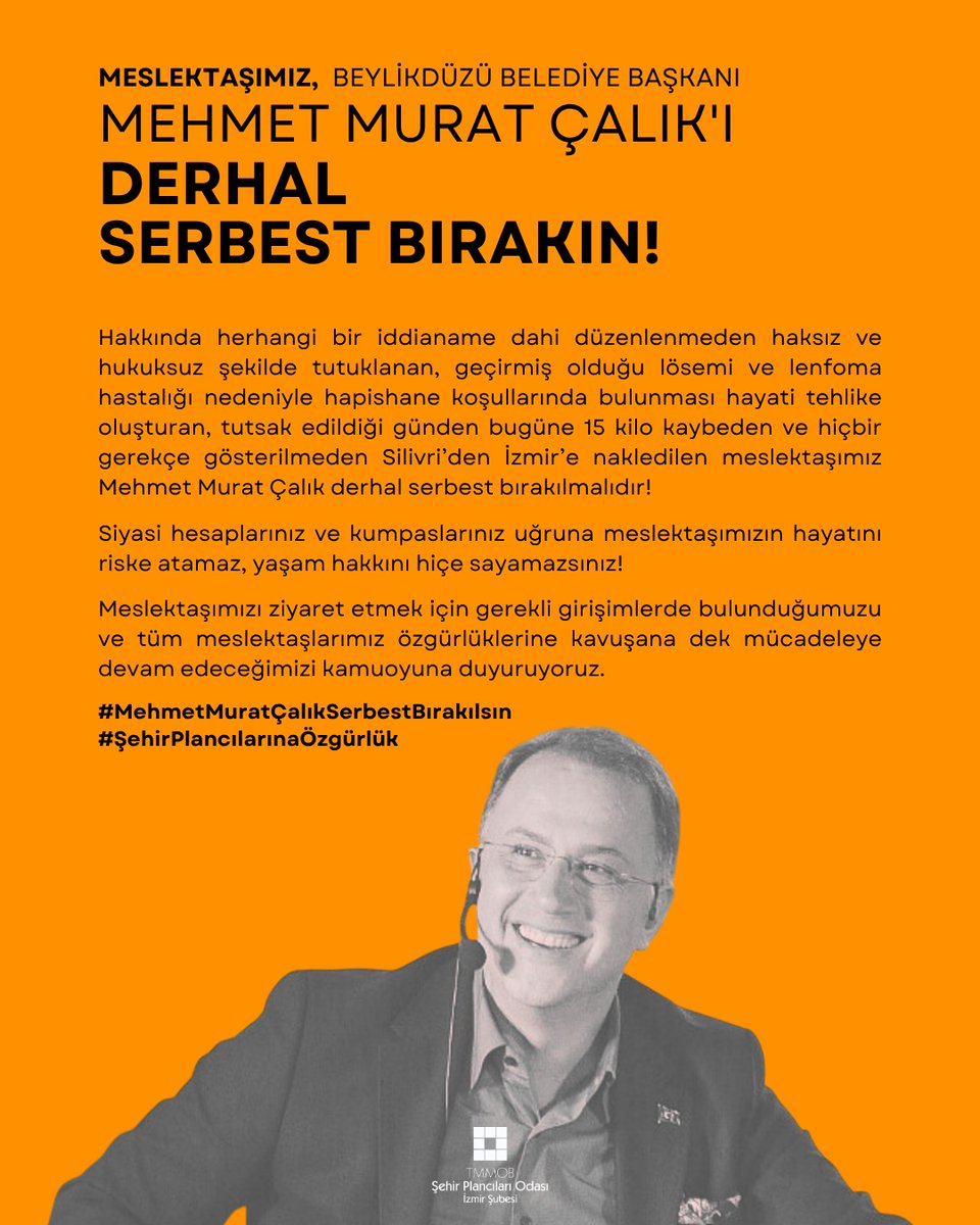 MEHMET MURAT ÇALIK'I DERHAL SERBEST BIRAKIN!

Meslektaşımızı ziyaret etmek için gerekli girişimlerde bulunduğumuzu ve tüm meslektaşlarımız özgürlüklerine kavuşana dek mücadeleye devam edeceğimizi kamuoyuna duyuruyoruz.
#MehmetMuratÇalıkSerbestBırakılsın
#ŞehirPlancılarınaÖzgürlük