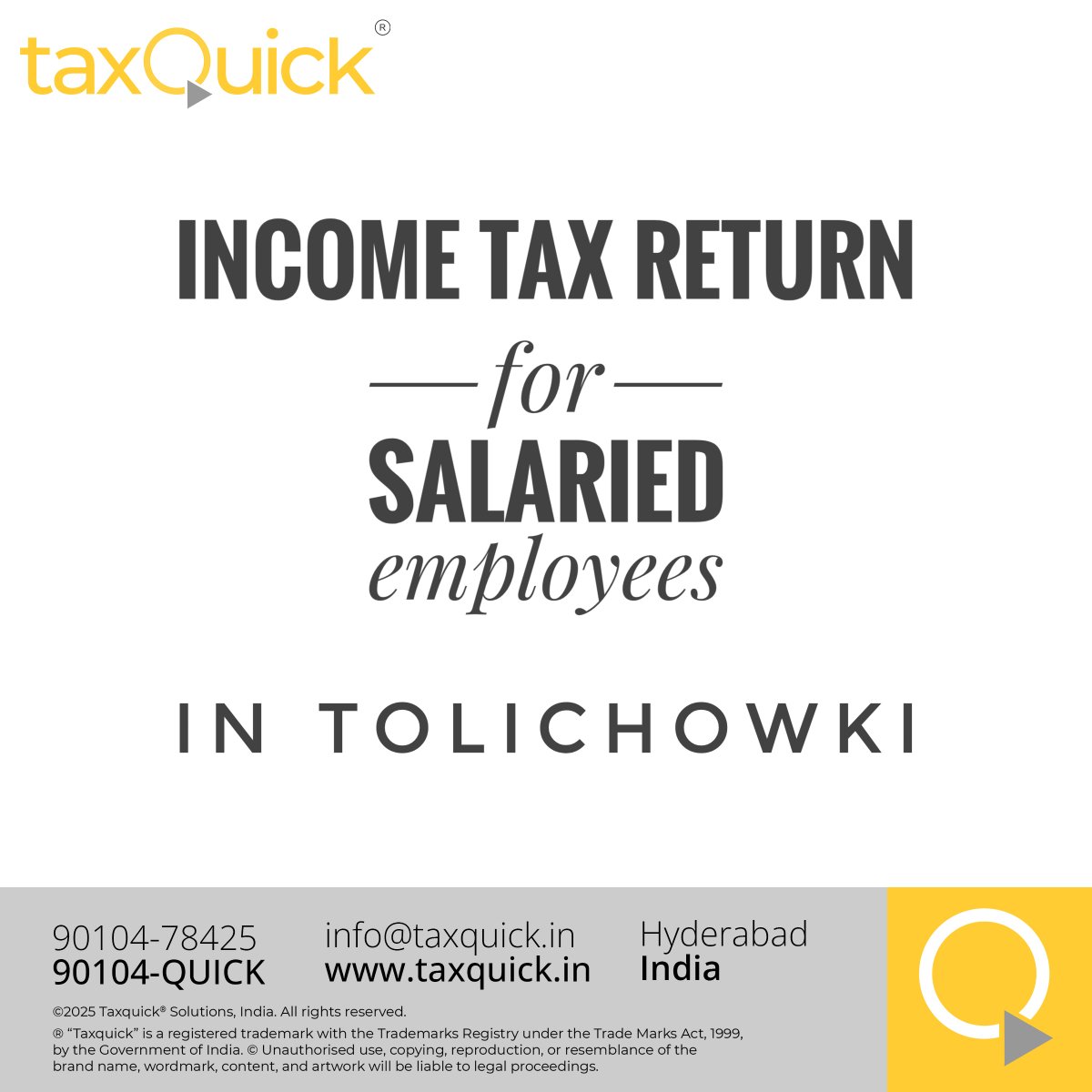 TaxQuickIndia's tweet photo. 📍 Tolichowki Salaried Folks!
📄 Don’t wait till deadline day.
File your ITR quickly and accurately with TaxQuick.
📞 90104-78425 | 🌐 https://t.co/tEYEXbtrRi
#TolichowkiITR #IncomeTaxReturn

https://t.co/F4sVT0CfNX https://t.co/M2RgJyHZuF