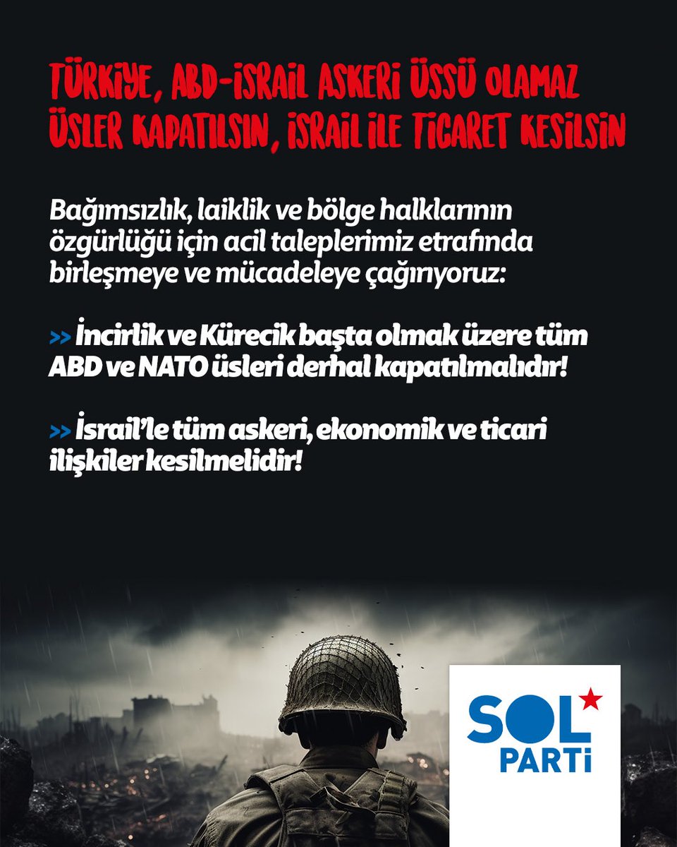 Ülkemizi ABD güdümlü tek adam rejiminin sürüklediği BOP karanlığından kurtacağız!

🔗 solparti.org/Haber/israil-s…

AKP ve MHP, ABD ve İsrail'in şimdi İran'a yönelttiği saldırgan hattın sadık bir parçasıdır!

BOP Eş Başkanlığı ile görevlendirilmiş AKP, Libya'dan Suriye'ye yıkımların