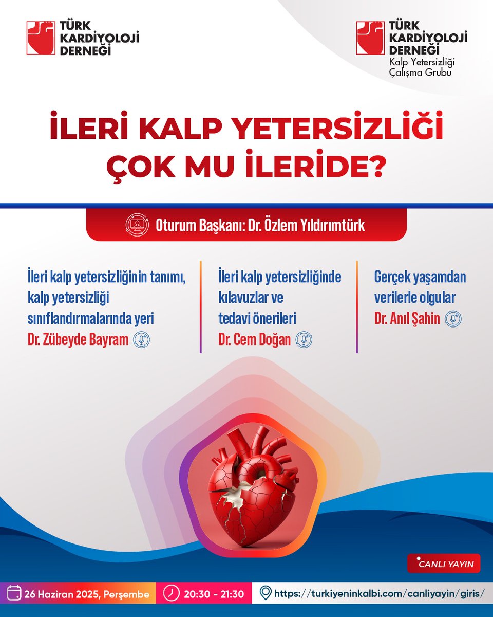 Türk Kardiyoloji Derneği Kalp Yetersizliği Çalışma Grubu’nun düzenlediği bu değerli oturumda, ileri kalp yetersizliğine dair en güncel bilgiler uzmanlar eşliğinde ele alınıyor.
Tarih: 26 Haziran 2025, Perşembe
Saat: 20:30 – 21:30
turkiyeninkalbi.com/canliyayin/gir…

#TürkKardiyolojiDerneği
