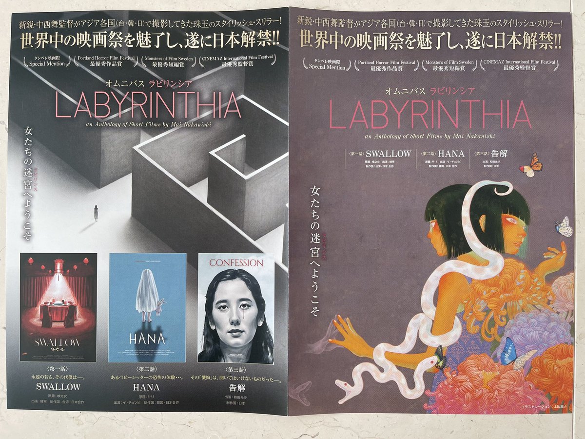 labyrinthiaeiga's tweet photo. チラシの物撮りです。テアトル系の劇場様にて設置して頂いております。お近くに寄られましたら是非ゲットして下さいね。珠玉のスタイリッシュ・スリラーで夏を涼しくお過ごし下さい。何卒宜しくお願い致します🙇‍♀️🙇🙇　#ラビリンシア　#映画 https://t.co/P8qfSZAXJp