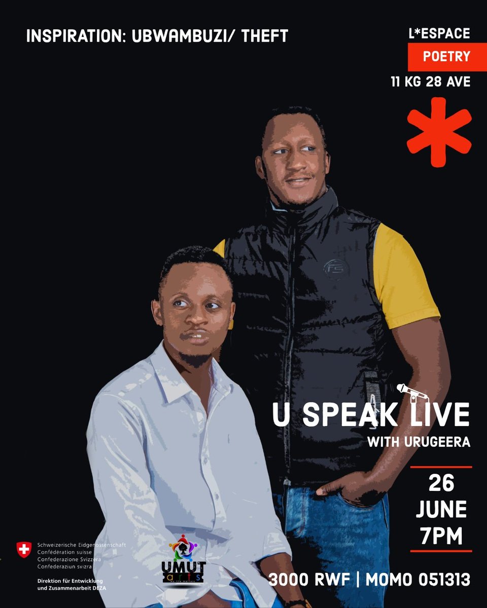 🥳Amashyo!
Wa mwanya wacu wageze wo gutarama.
Tugarukanye ishyaka, turangaajwe imbere n'URUGEERA <a href="/Dpoly250/">Urugeera</a> turatarama agati gaturike hamwe n'izindi ntore!
Ni kuri L'Espace <a href="/lespace_rw/">L'espace</a> kuri uyu wa kane 26/06 kuva i saa moya.✨
Tuzandikana umuvugo ku nsanganyamatsiko: UBWAMBUZI.🤩
