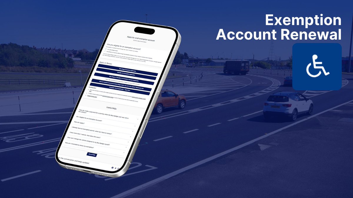 How often should you renew your exemption account? 🤔

Tyne Tunnel exemption accounts need to be renewed annually for those travelling with a Blue Badge or are eligible for nil road tax through the motability scheme or with an exempt vehicle due to disability. ♿

To find out