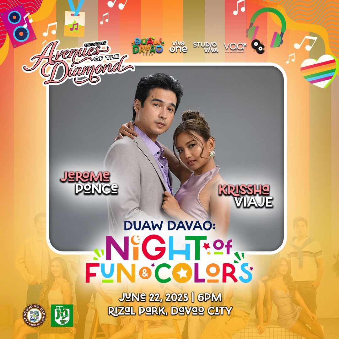 VivaOnePH's tweet photo. Overload ang kilig at SSA-ya with a solid performance from our very own #JeromePonce &amp; #KrisshaViaje!

The craze never stops with the cast of 'AVENUES OF THE DIAMOND' sa Duaw Davao: Night of Fun &amp; Colors kaya tara na this June 22, 6PM sa Rizal Park, davao City. https://t.co/pICWe7Jw3d