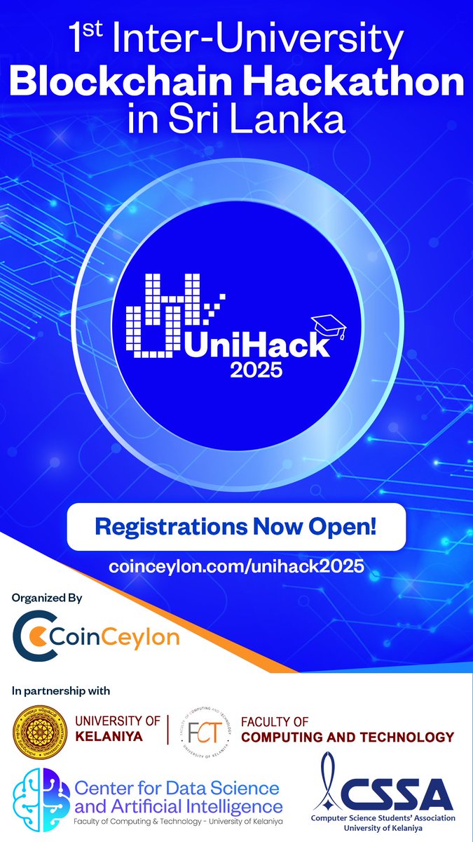 Coin_Ceylon's tweet photo. ⏰ Countdown begins!
Only a few days left to register your team for UniHack 2025 - Sri Lanka's 1st Inter-University Blockchain Hackathon!
Win amazing prizes & build your blockchain skills on #Cardano. Don't miss out! 
👉 https://t.co/DcR3cnpCVG
-
#UniHackSL25 #BuildonCardano #SriLanka