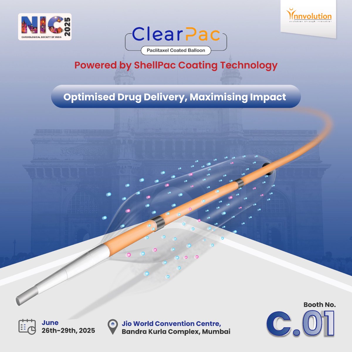 Discover ClearPac, Innvolution's Innovative Paclitaxel-Coated Balloon, at NIC 2025 (Booth C.01). 

Powered by ShellPac Coating Technology, 

Key Features 

- 360° Shellac coating for uniform drug adhesion

- Rapid Paclitaxel release in 45 seconds

- Enhanced biocompatibility for